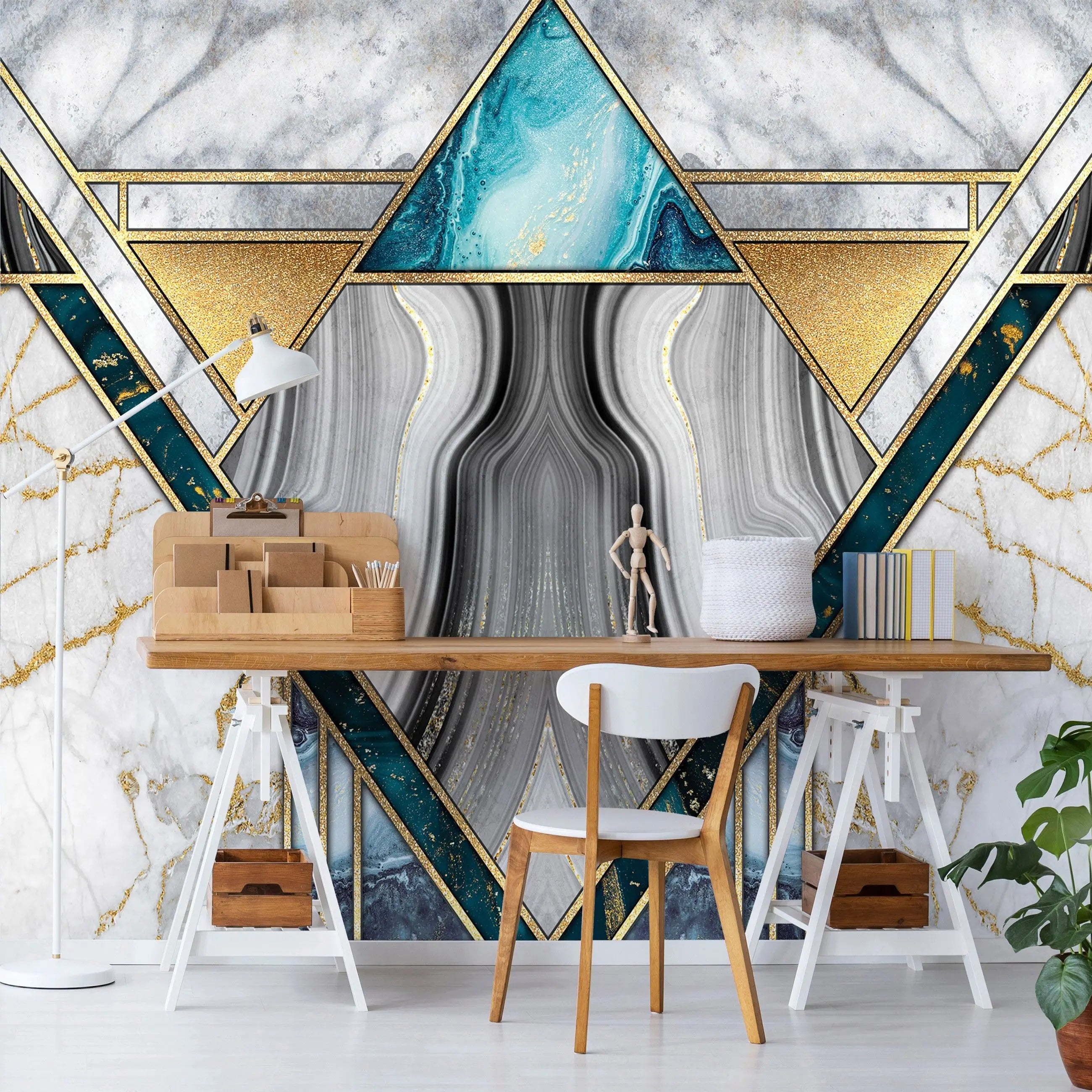 Billede 14 af Fototapet - Geometrisk mønster med marmor og gulddetaljer