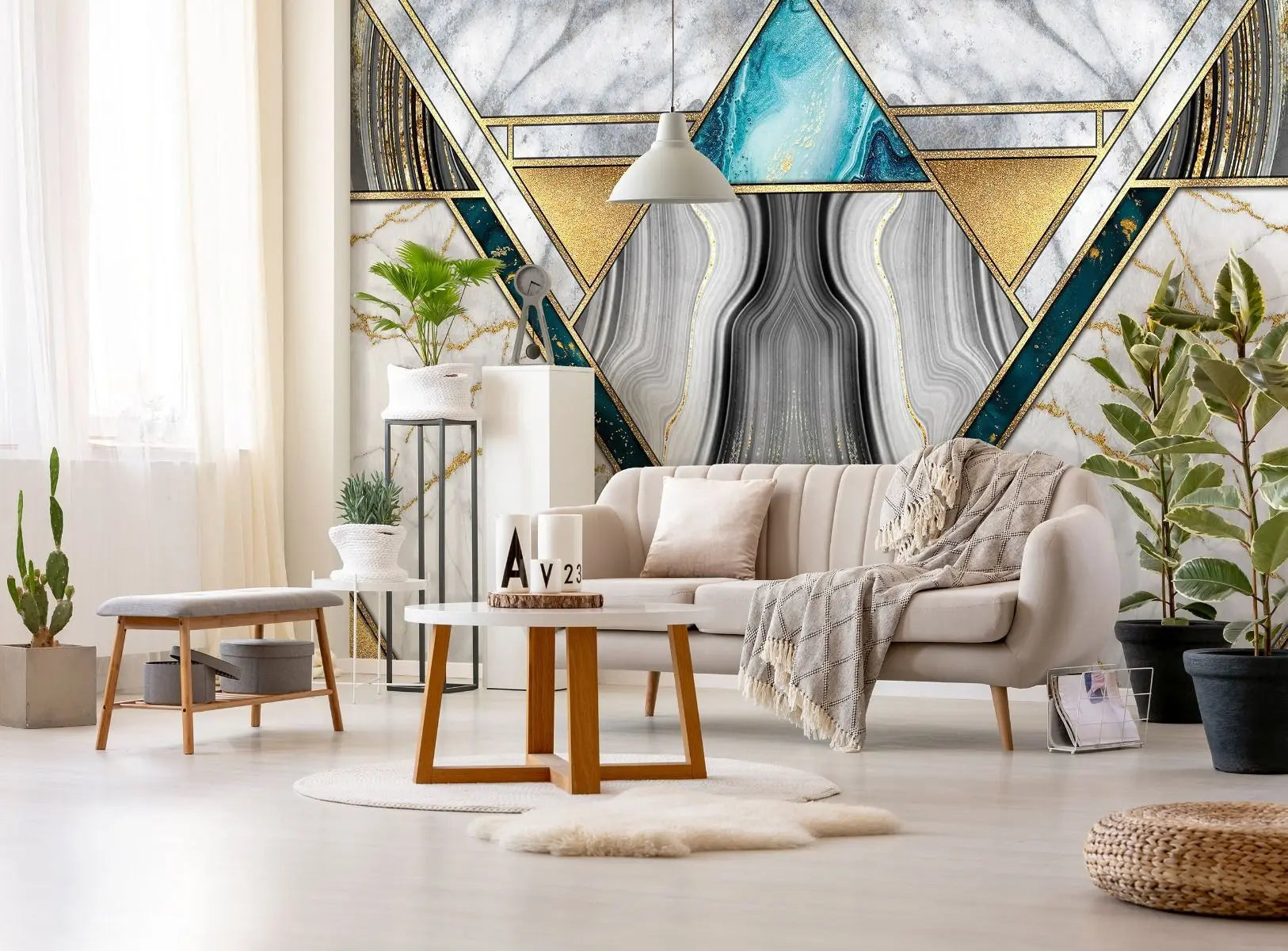 Billede 3 af Fototapet - Geometrisk mønster med marmor og gulddetaljer