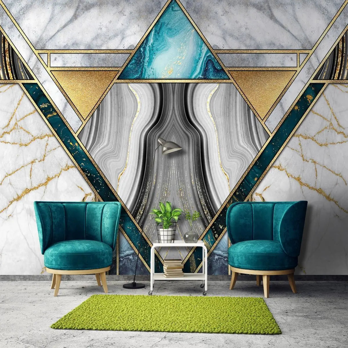 Billede 5 af Fototapet - Geometrisk mønster med marmor og gulddetaljer