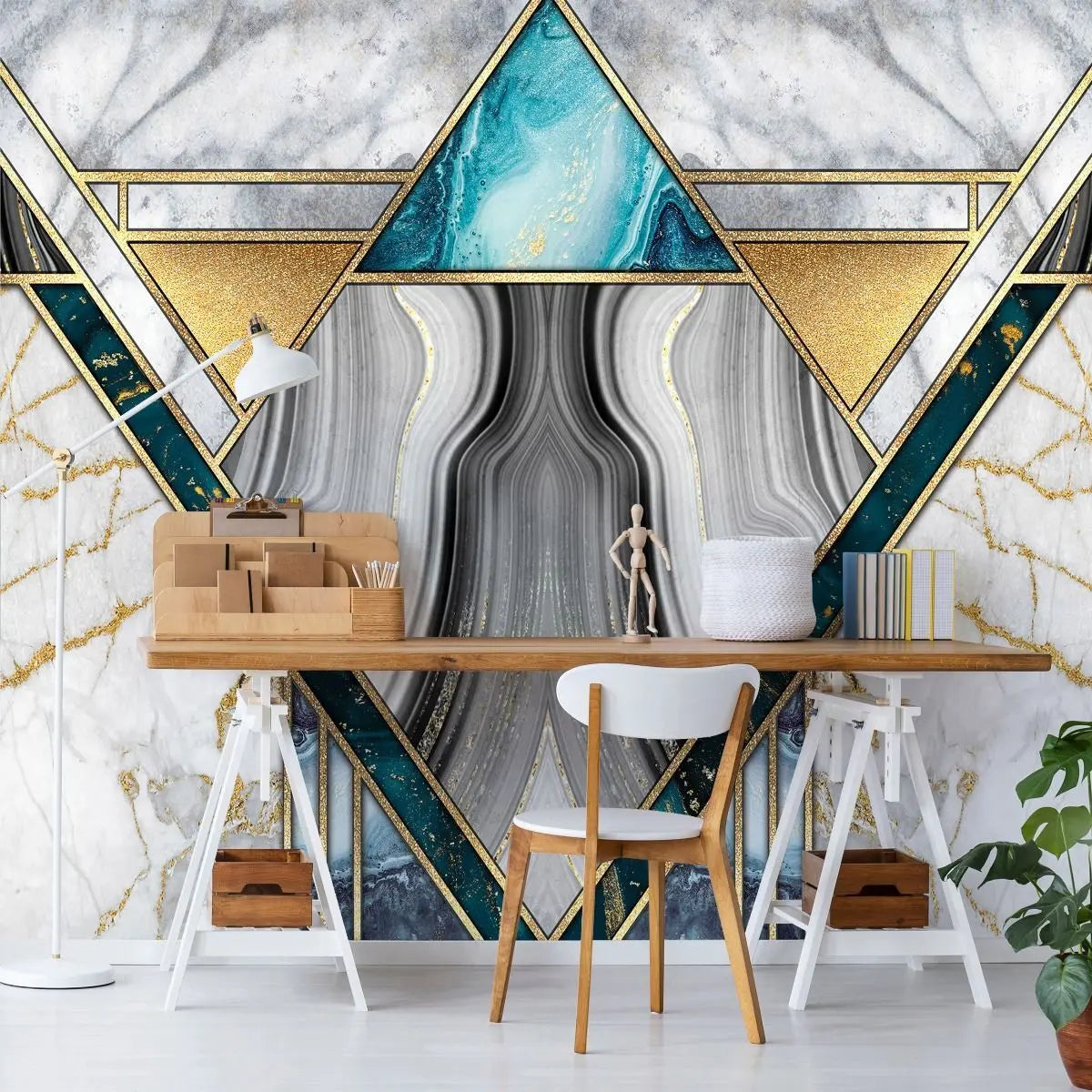 Billede 6 af Fototapet - Geometrisk mønster med marmor og gulddetaljer