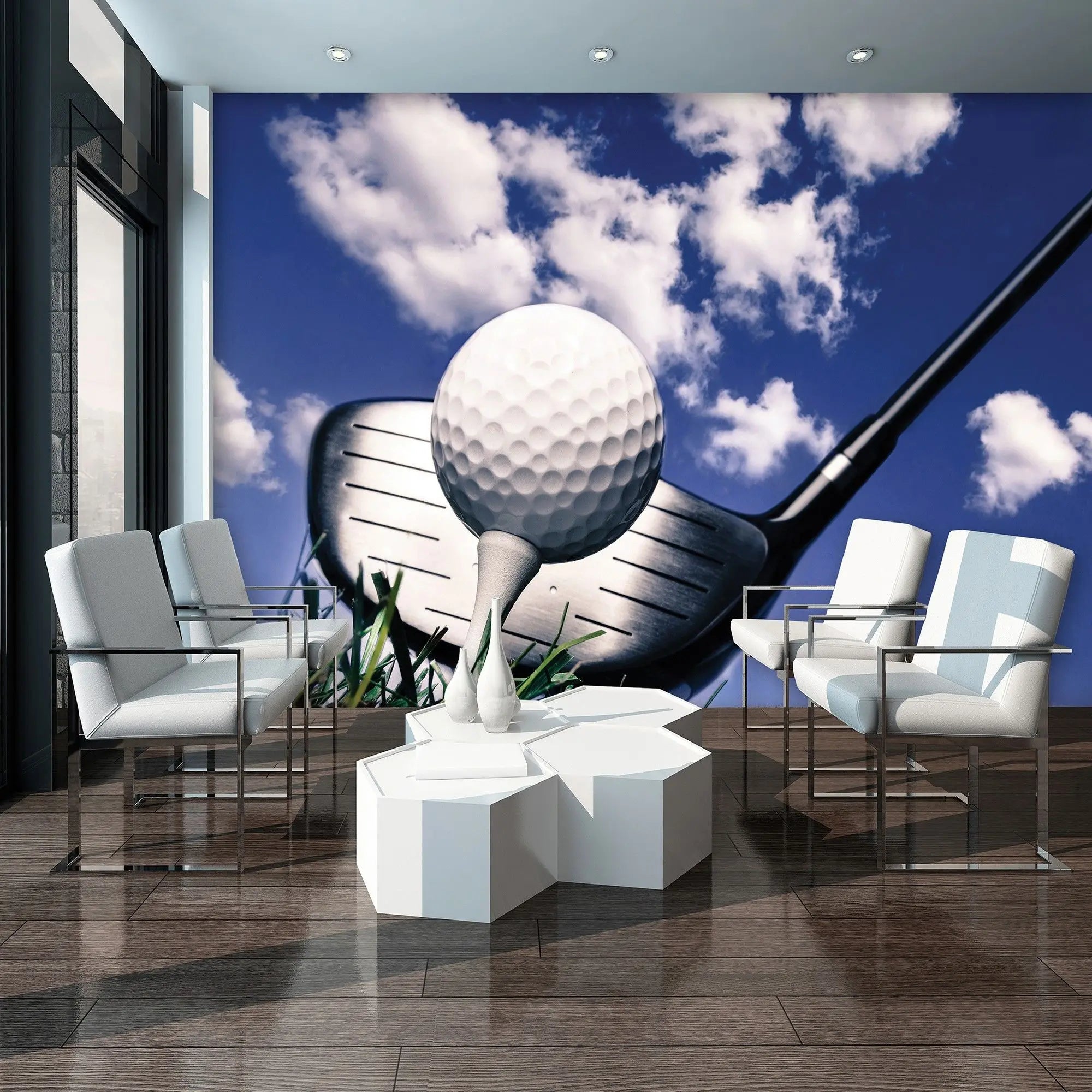 Billede 4 af Fototapet - Golfbold på tee med driver mod blå himmel