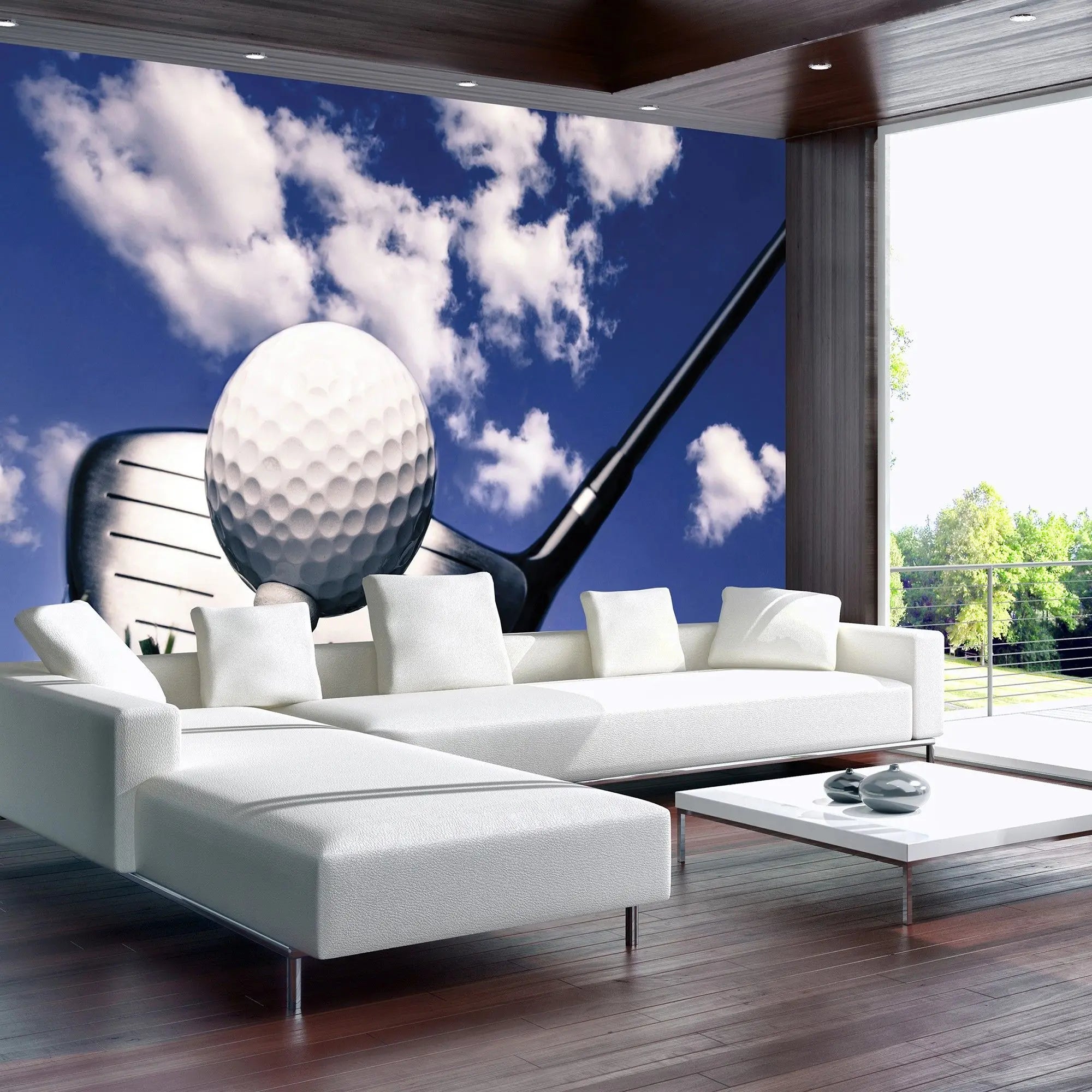 Billede 6 af Fototapet - Golfbold på tee med driver mod blå himmel