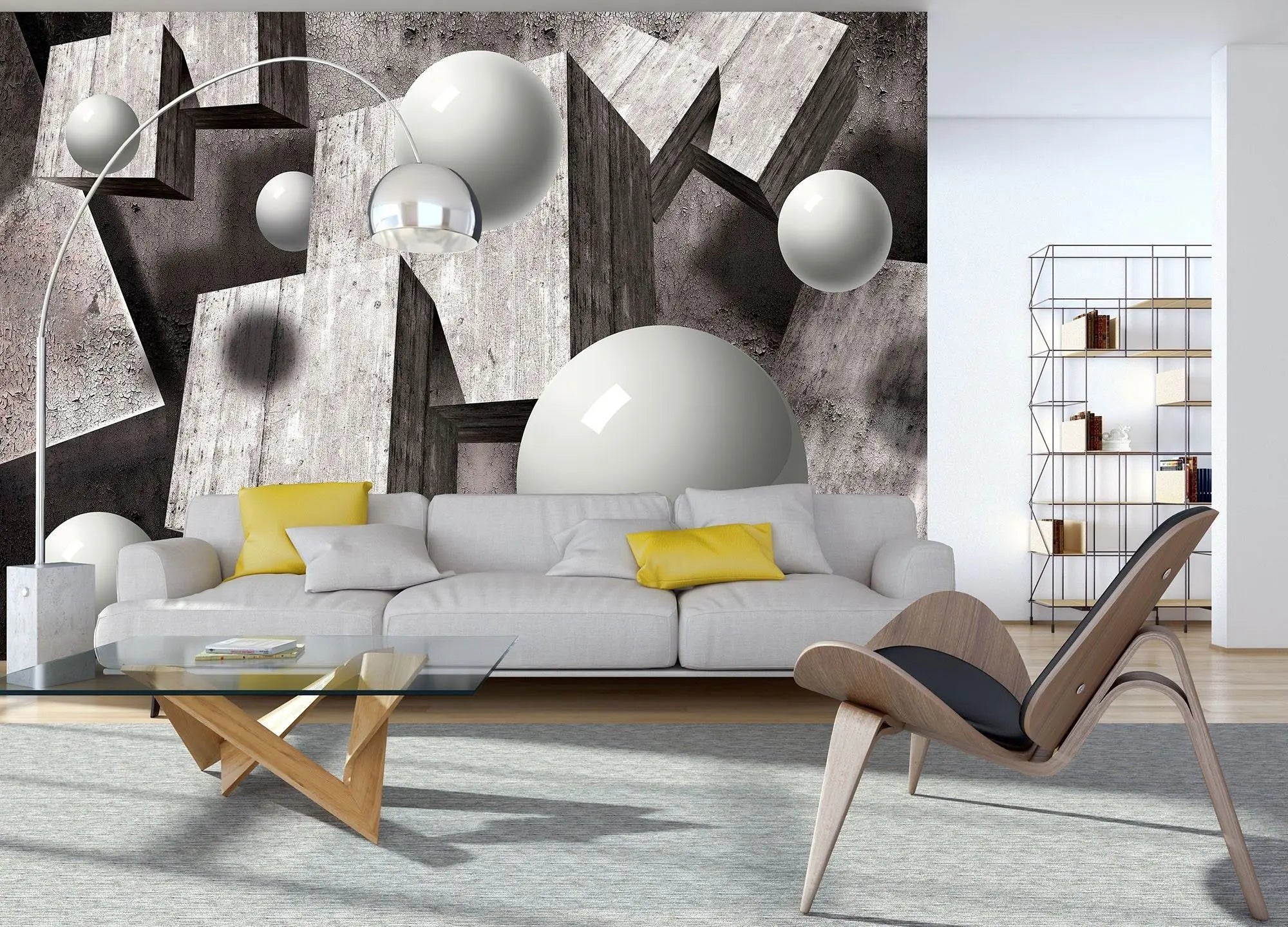 Billede 3 af Fototapet - Grå betonblokke og hvide kugler på rustik baggrund