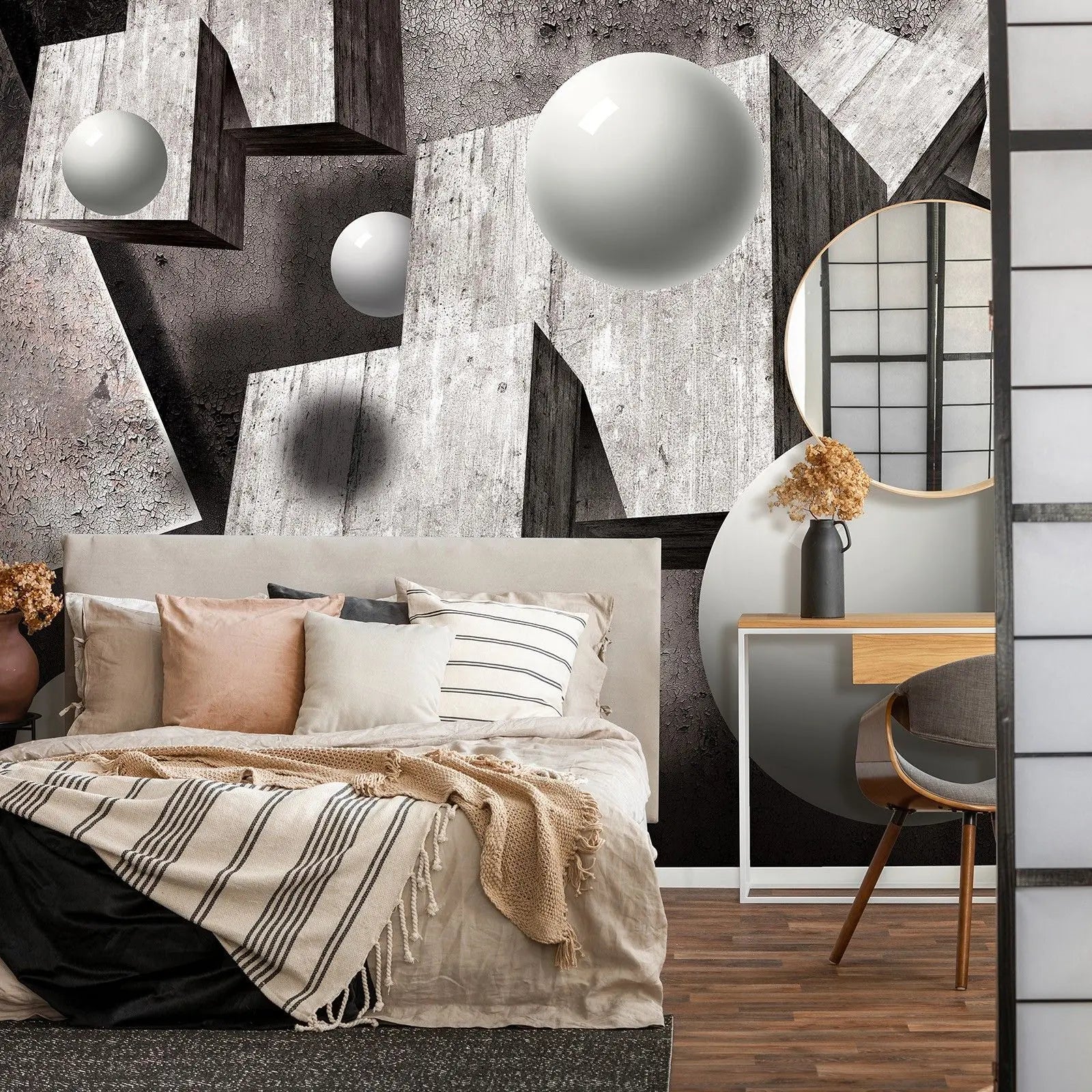 Billede 4 af Fototapet - Grå betonblokke og hvide kugler på rustik baggrund