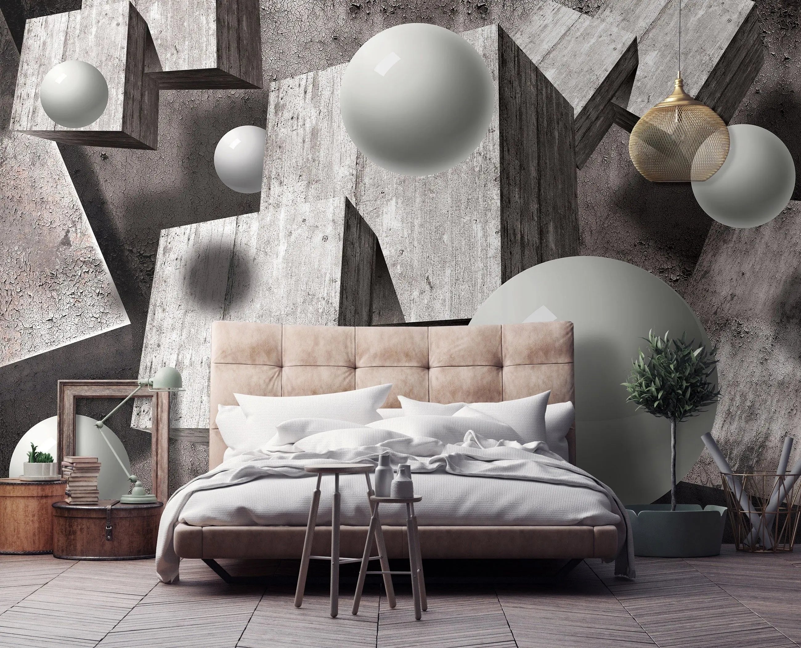 Billede 6 af Fototapet - Grå betonblokke og hvide kugler på rustik baggrund