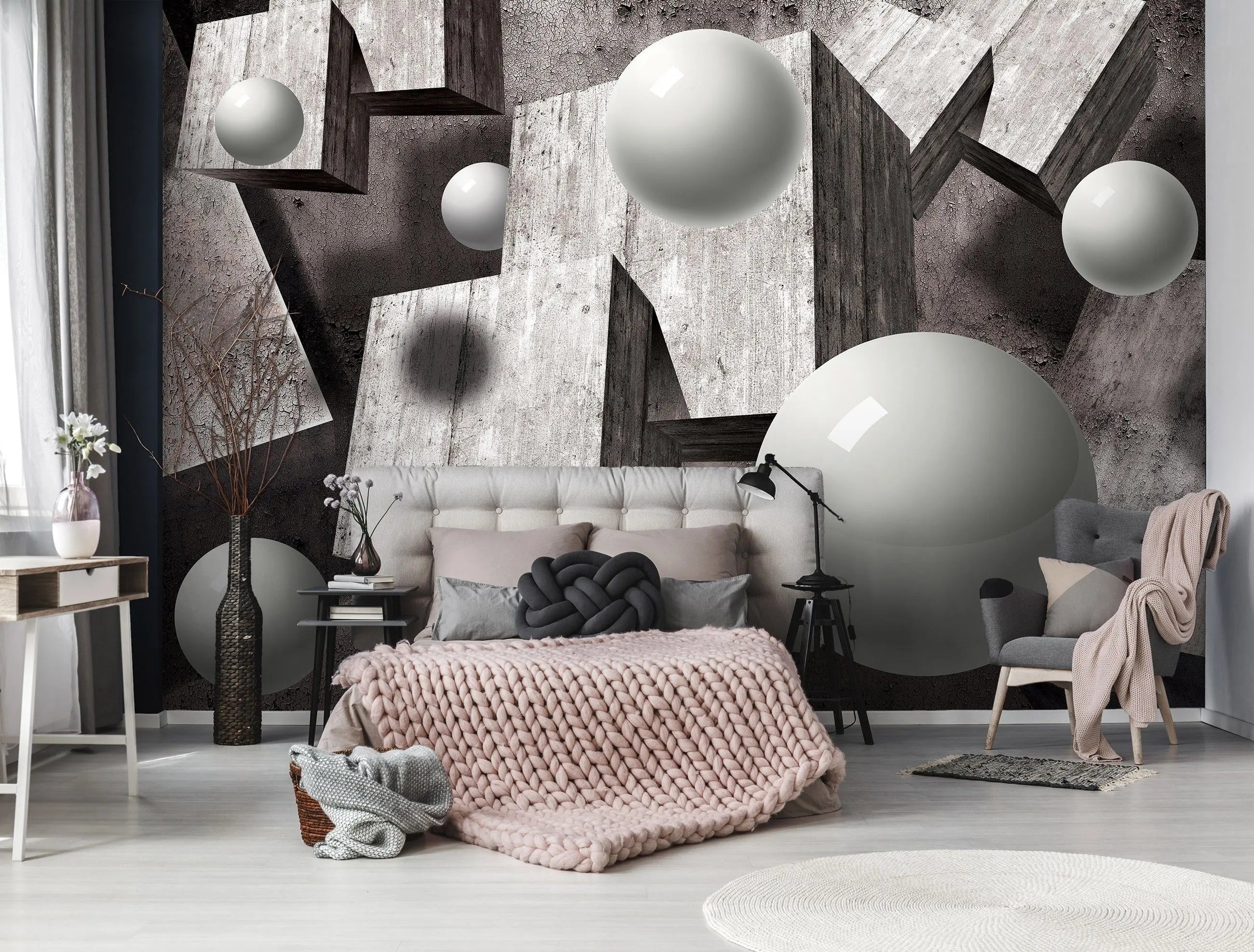 Billede 7 af Fototapet - Grå betonblokke og hvide kugler på rustik baggrund