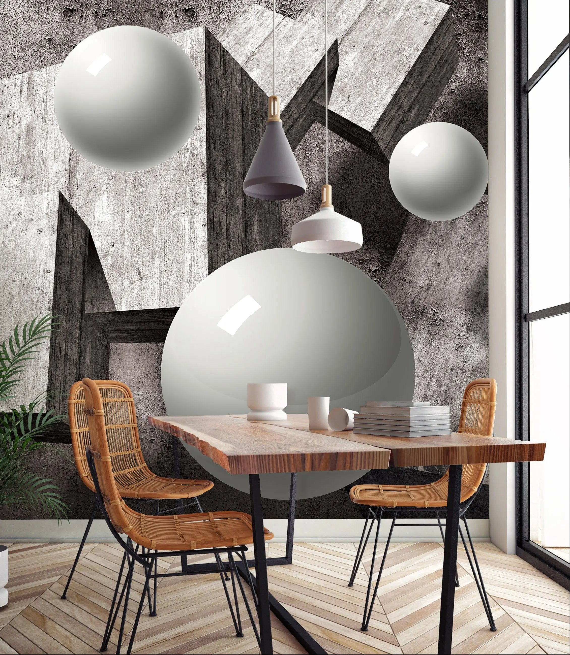 Billede 8 af Fototapet - Grå betonblokke og hvide kugler på rustik baggrund