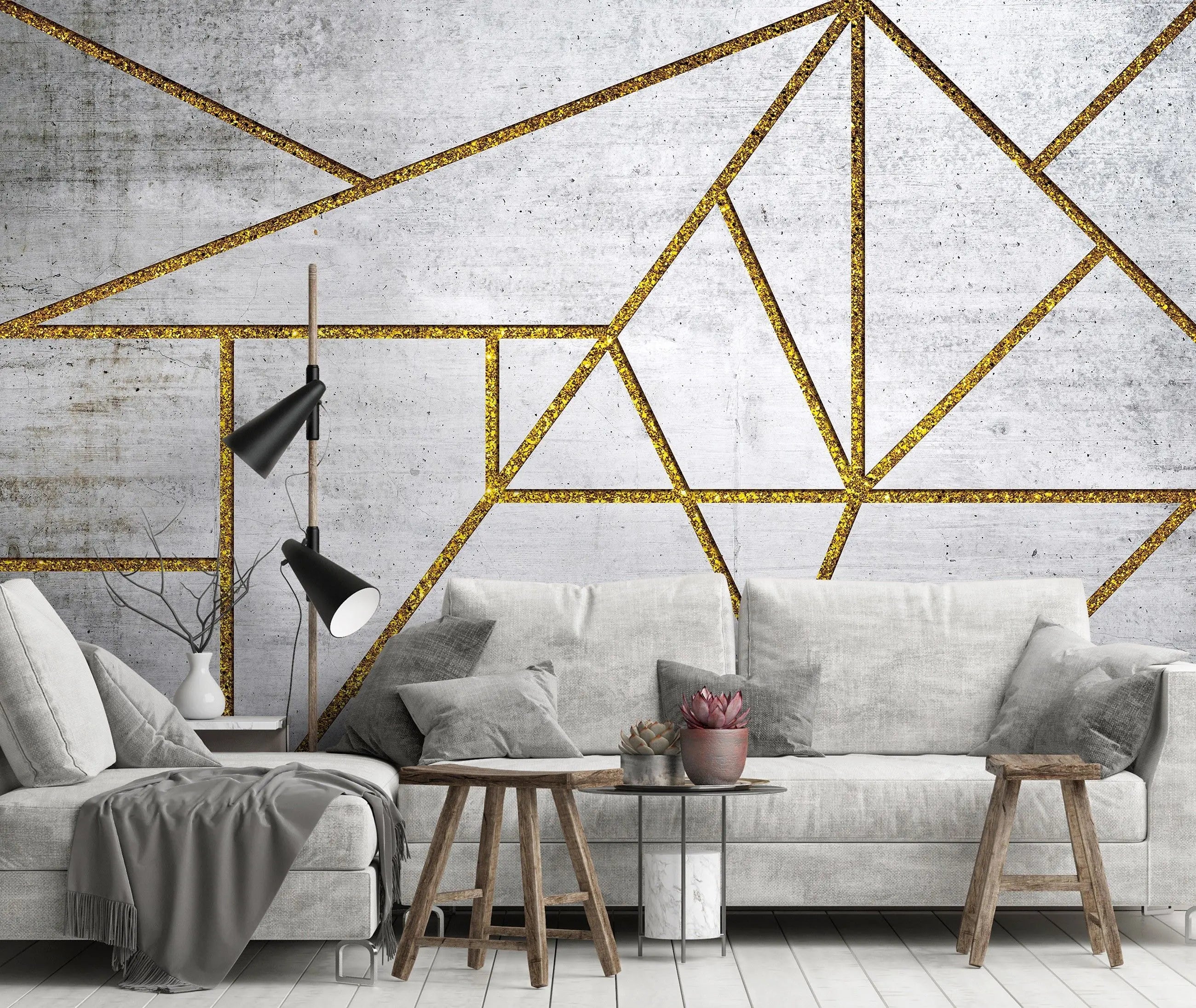 Billede 2 af Fototapet - Grå betonvæg med gyldne geometriske linjer