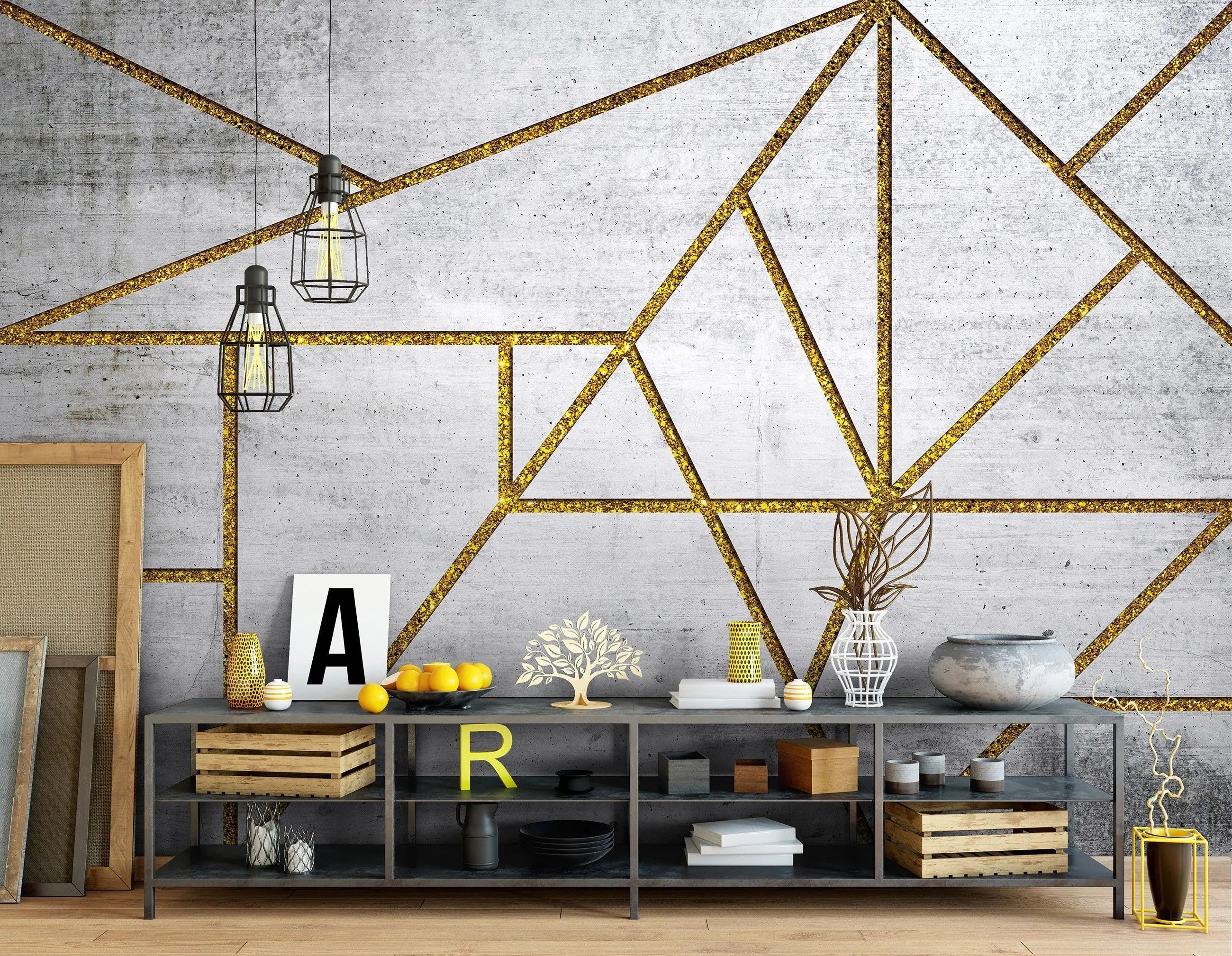 Billede 3 af Fototapet - Grå betonvæg med gyldne geometriske linjer