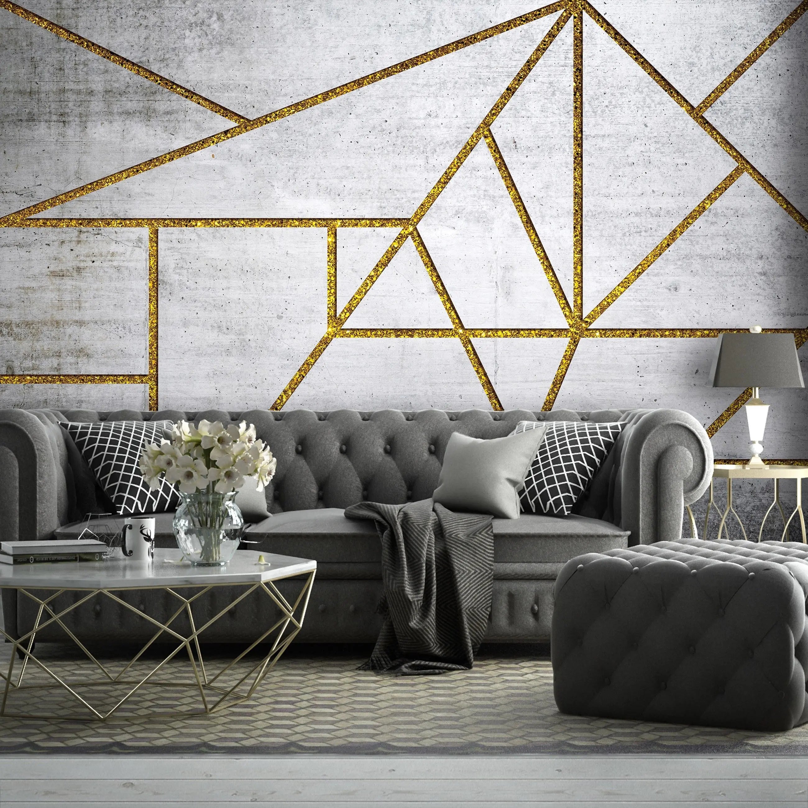 Billede 5 af Fototapet - Grå betonvæg med gyldne geometriske linjer
