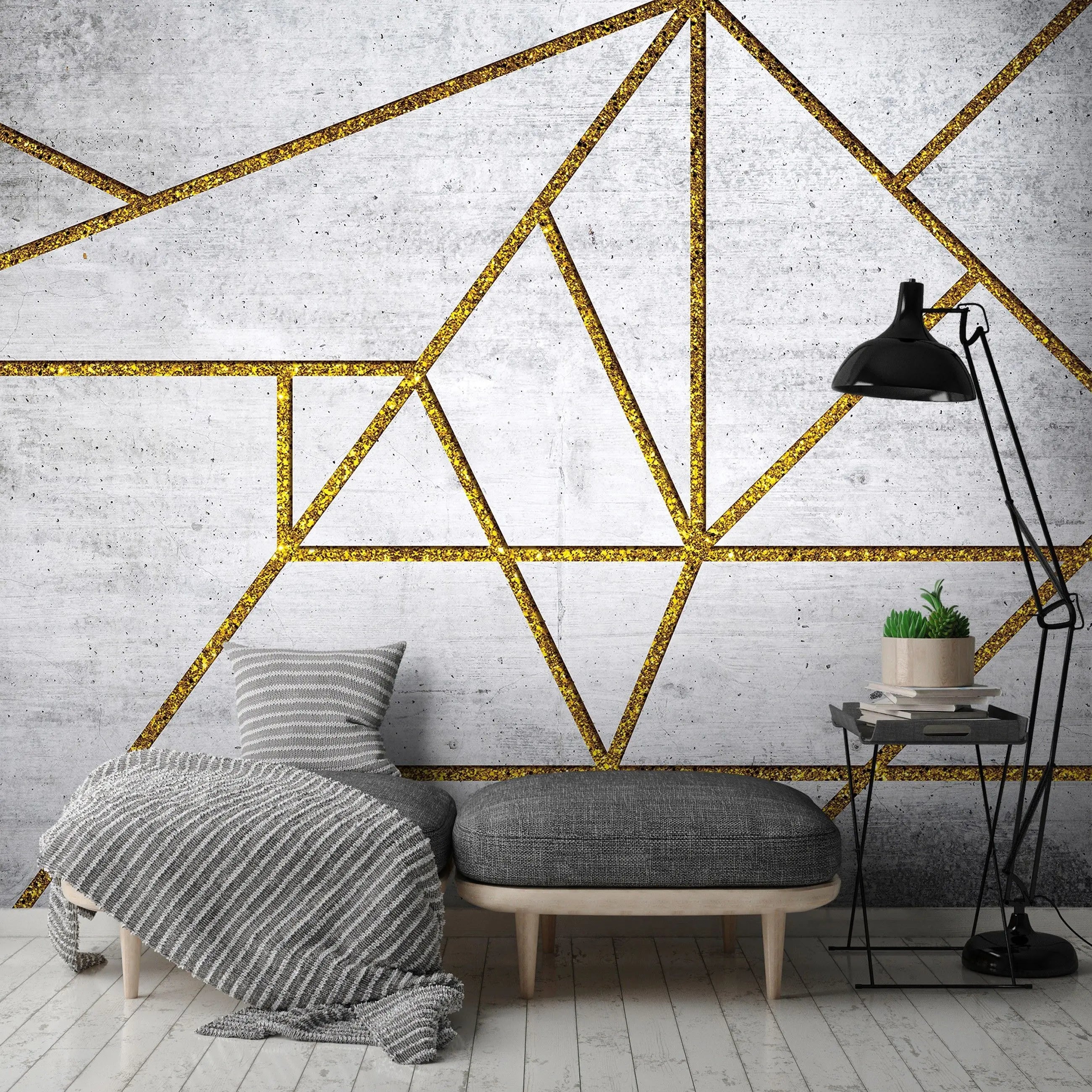 Billede 6 af Fototapet - Grå betonvæg med gyldne geometriske linjer