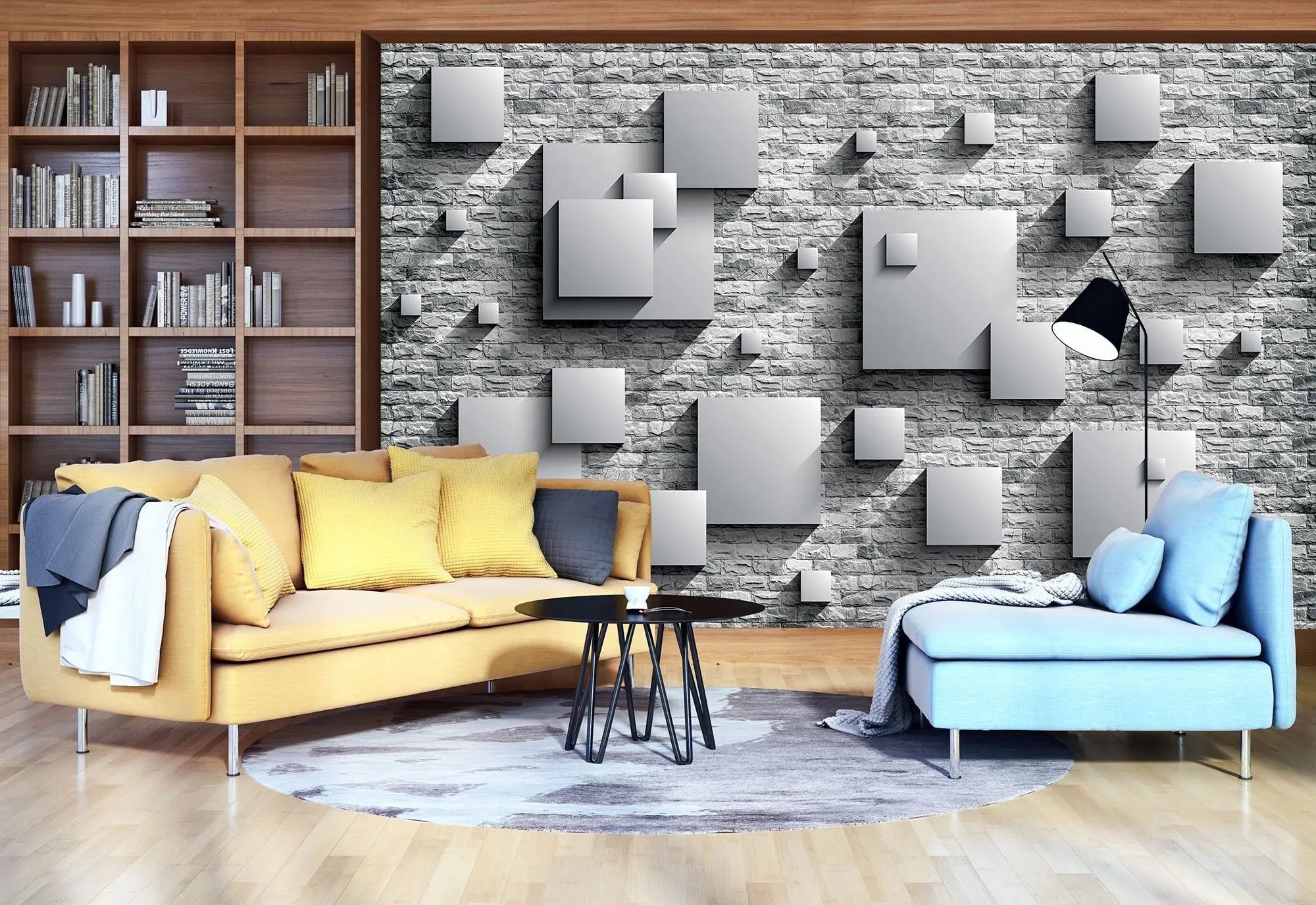 Billede 2 af Fototapet - Grå firkanter i relief på råhvid murstensvæg