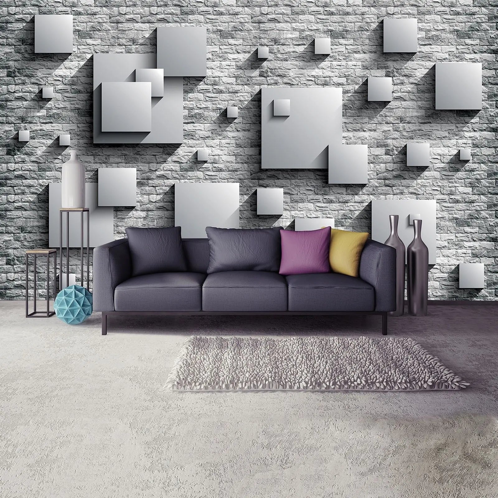 Billede 3 af Fototapet - Grå firkanter i relief på råhvid murstensvæg