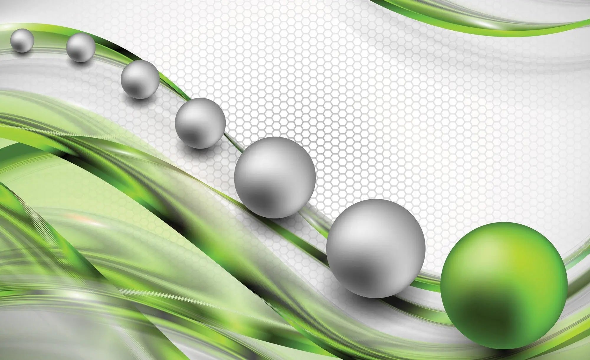 Billede 1 af Fototapet - Grå og grønne kugler på hvid baggrund med sekskantet mønster