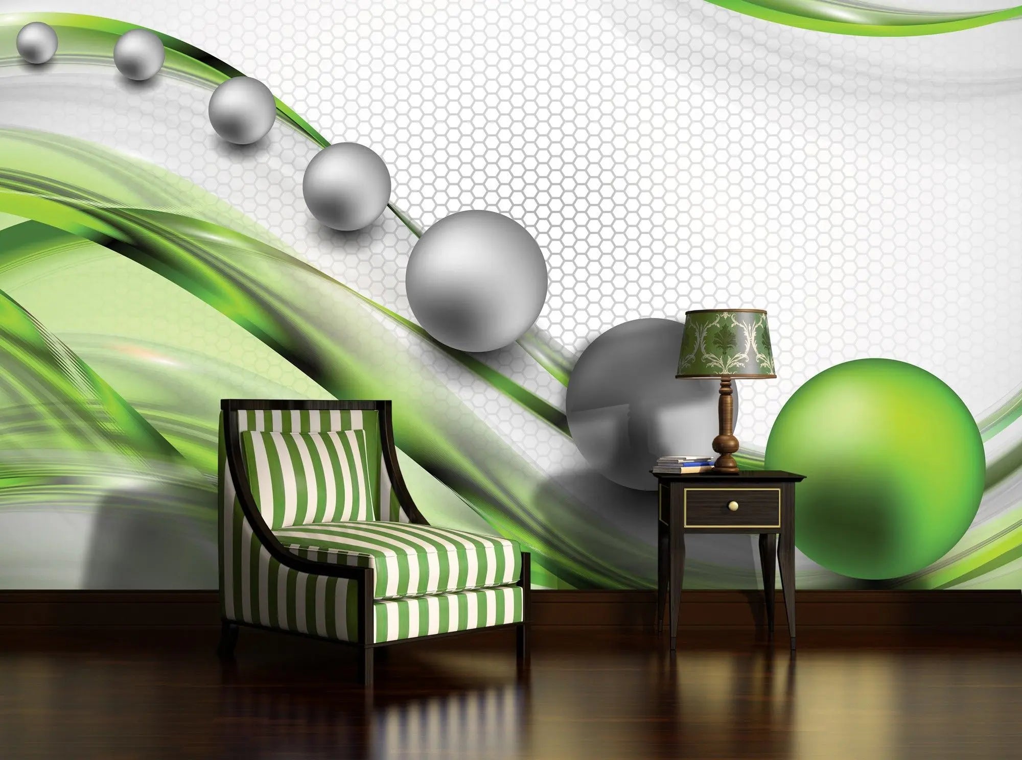 Billede 2 af Fototapet - Grå og grønne kugler på hvid baggrund med sekskantet mønster
