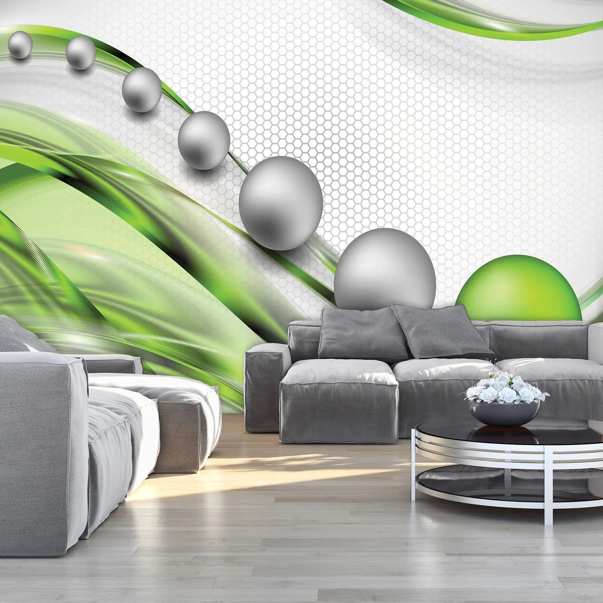Billede 3 af Fototapet - Grå og grønne kugler på hvid baggrund med sekskantet mønster