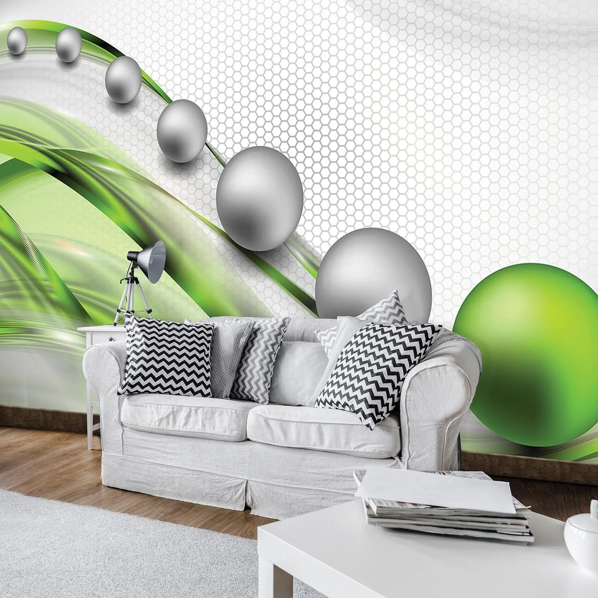 Billede 5 af Fototapet - Grå og grønne kugler på hvid baggrund med sekskantet mønster