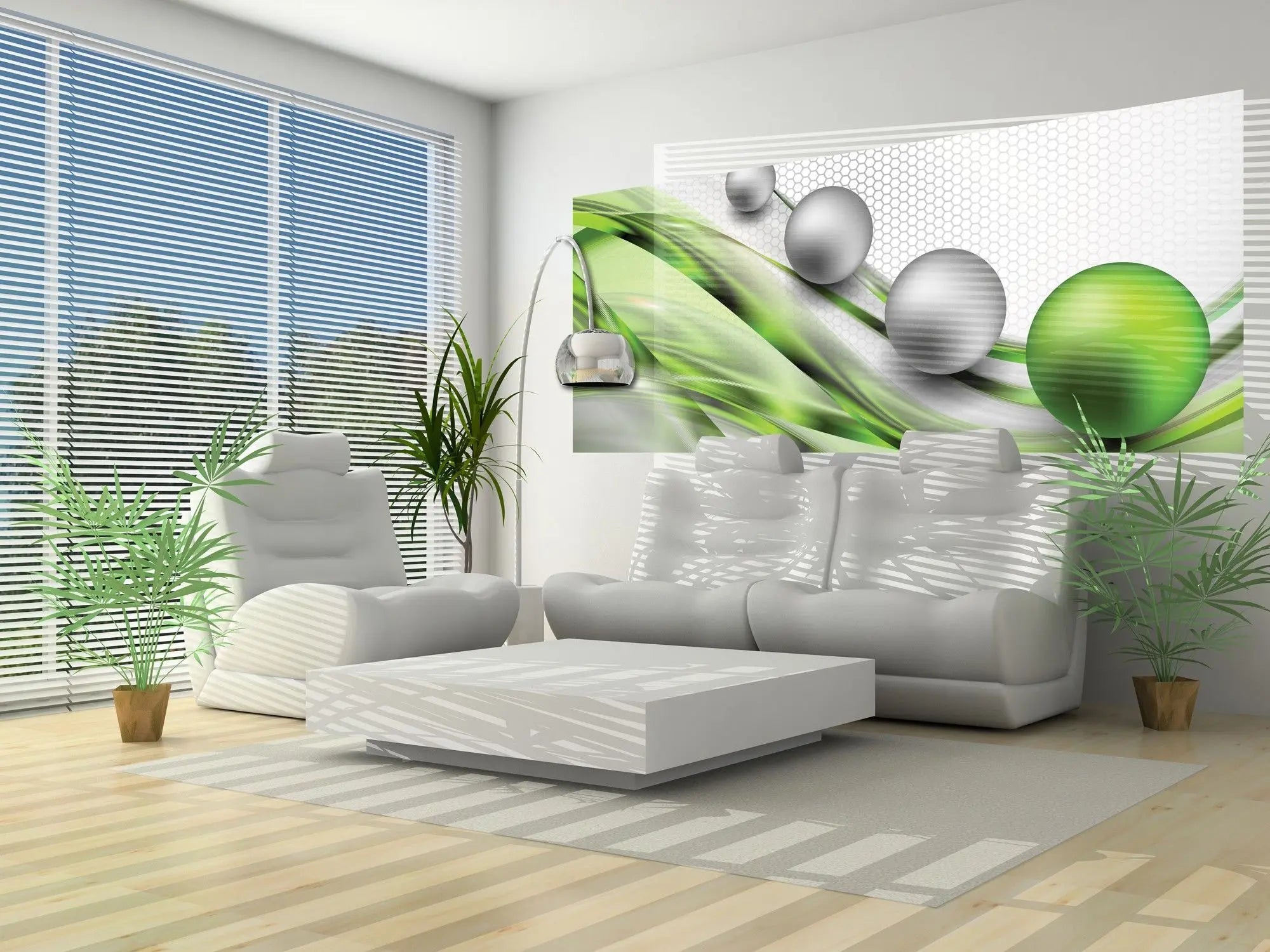 Billede 6 af Fototapet - Grå og grønne kugler på hvid baggrund med sekskantet mønster