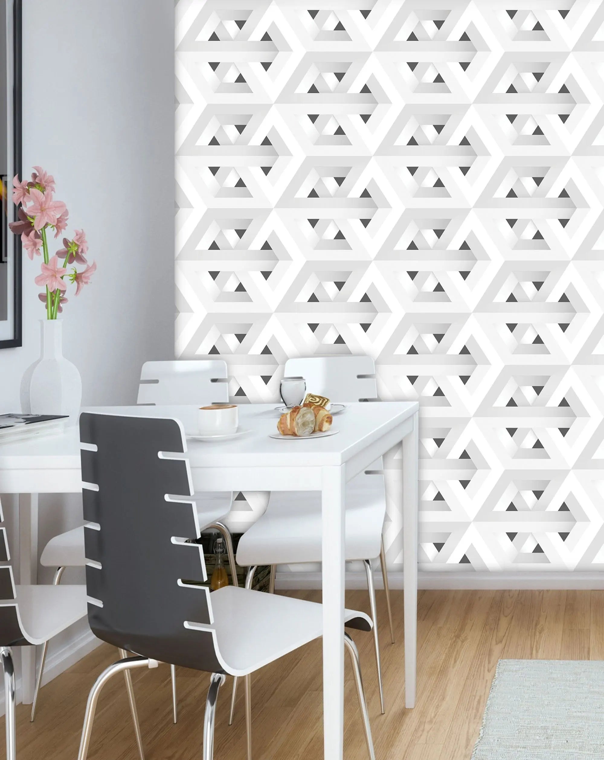 Billede 10 af Fototapet - Grå og hvid geometrisk optisk illusionsmønster