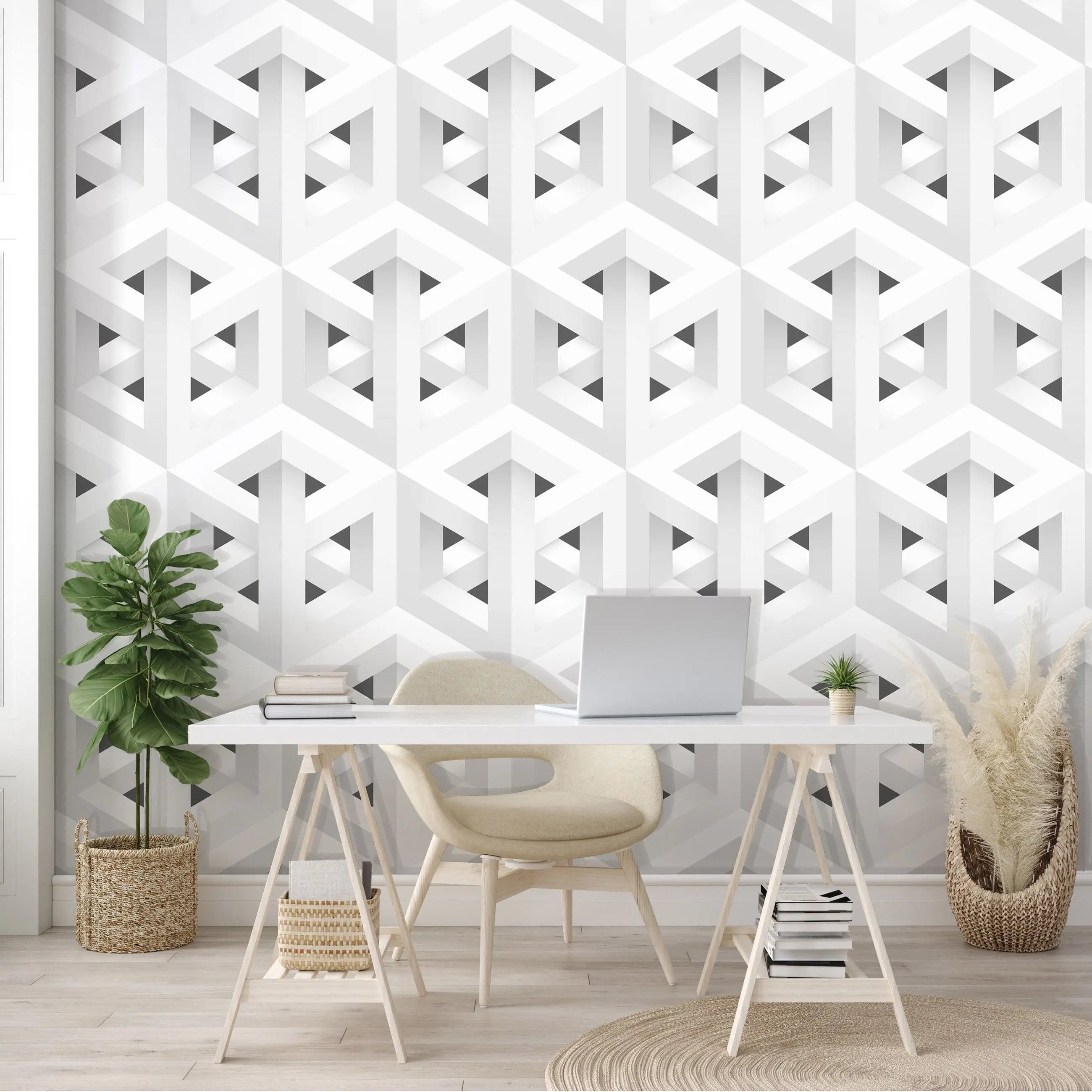 Billede 17 af Fototapet - Grå og hvid geometrisk optisk illusionsmønster