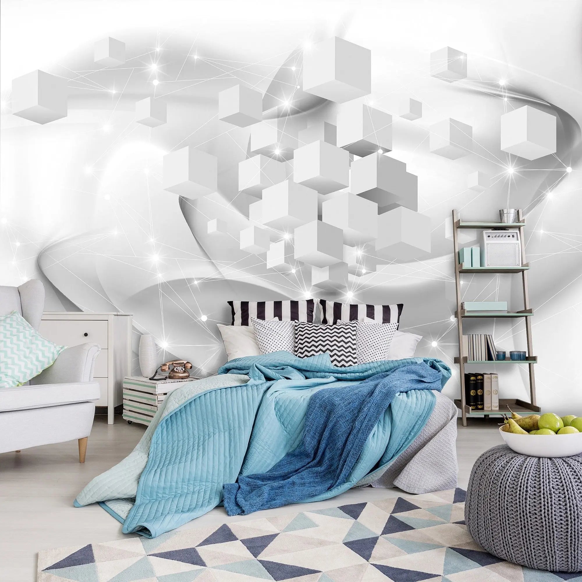 Billede 5 af Fototapet - Grå og hvide 3D-terninger med stjerneeffekt
