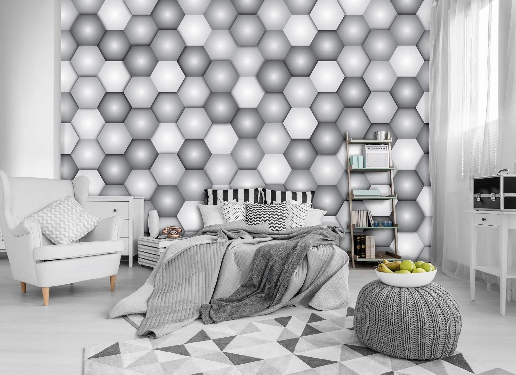 Billede 2 af Fototapet - Grå og hvide hexagoner i mønster