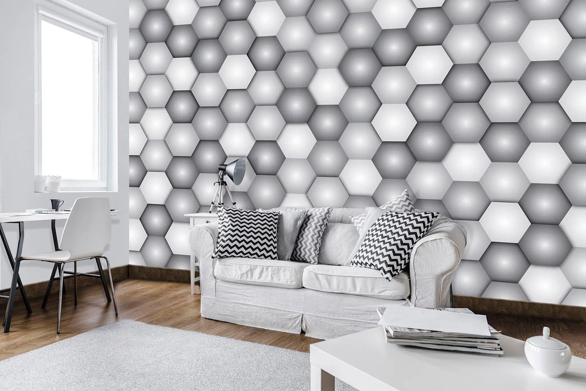Billede 3 af Fototapet - Grå og hvide hexagoner i mønster