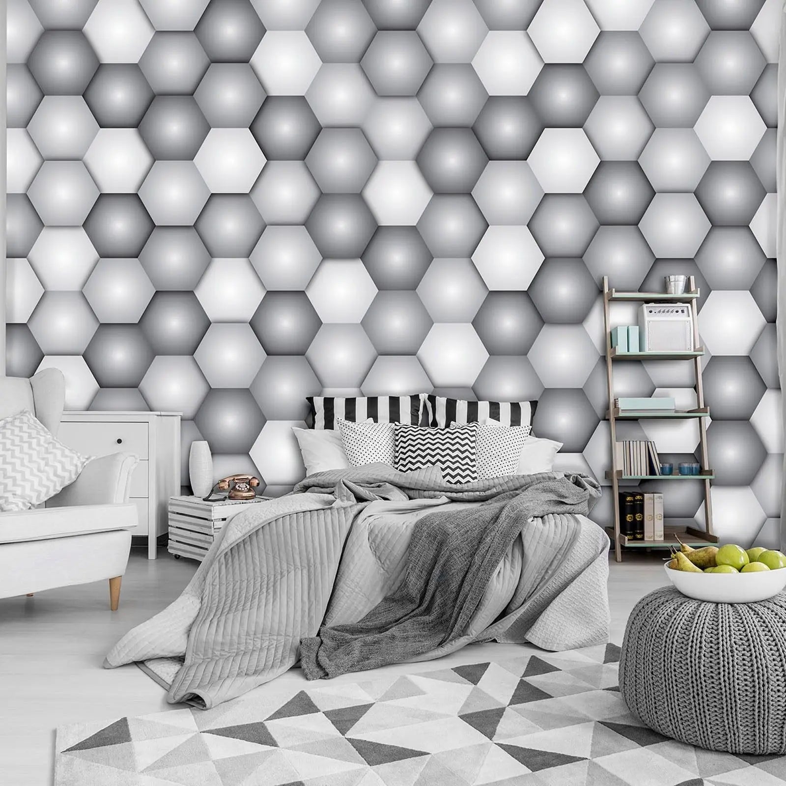 Billede 4 af Fototapet - Grå og hvide hexagoner i mønster