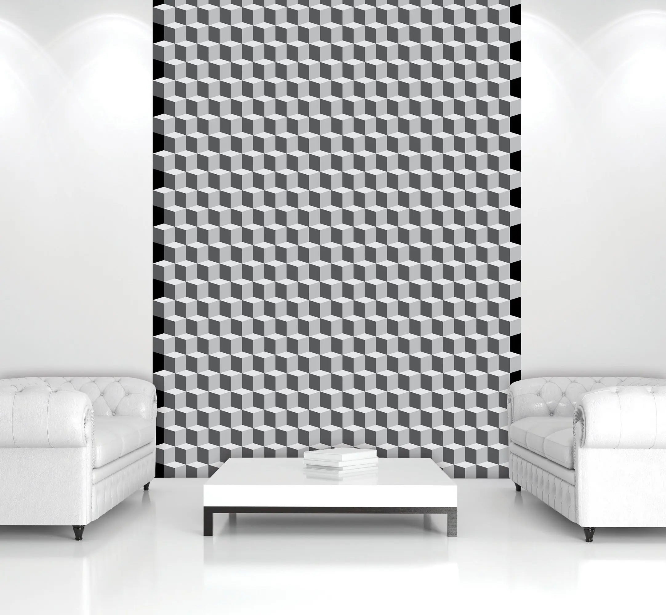 Billede 2 af Fototapet - Grå og hvidt tredimensionelt terningemønster