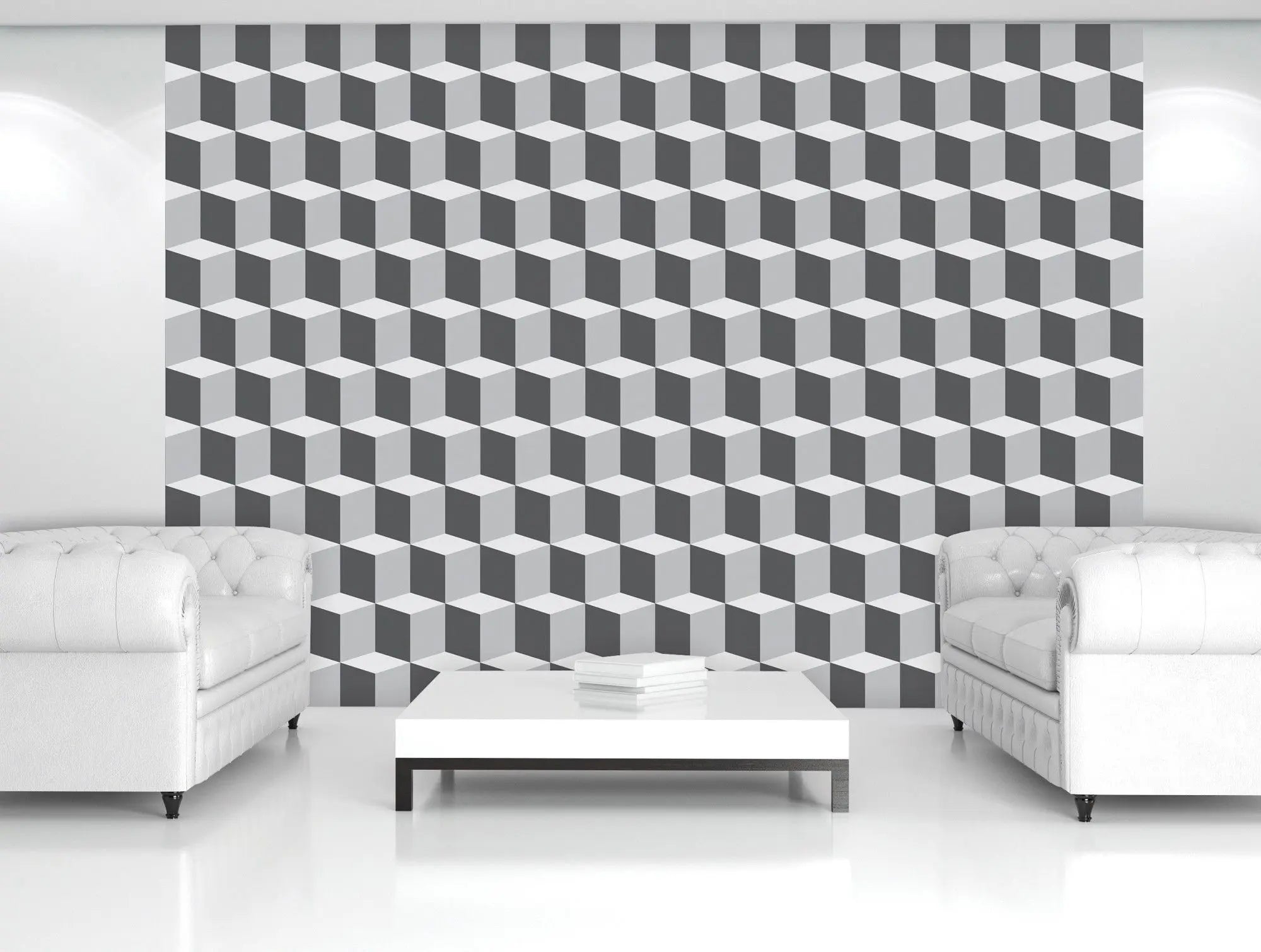 Billede 3 af Fototapet - Grå og hvidt tredimensionelt terningemønster