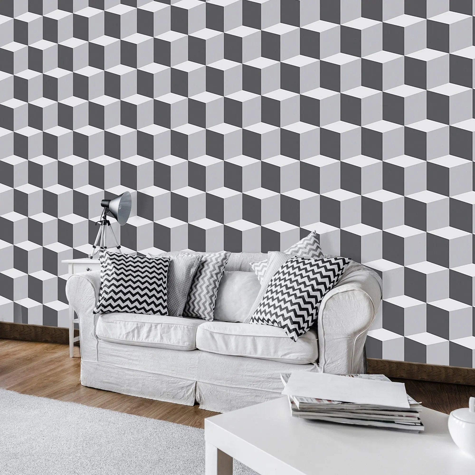 Billede 5 af Fototapet - Grå og hvidt tredimensionelt terningemønster
