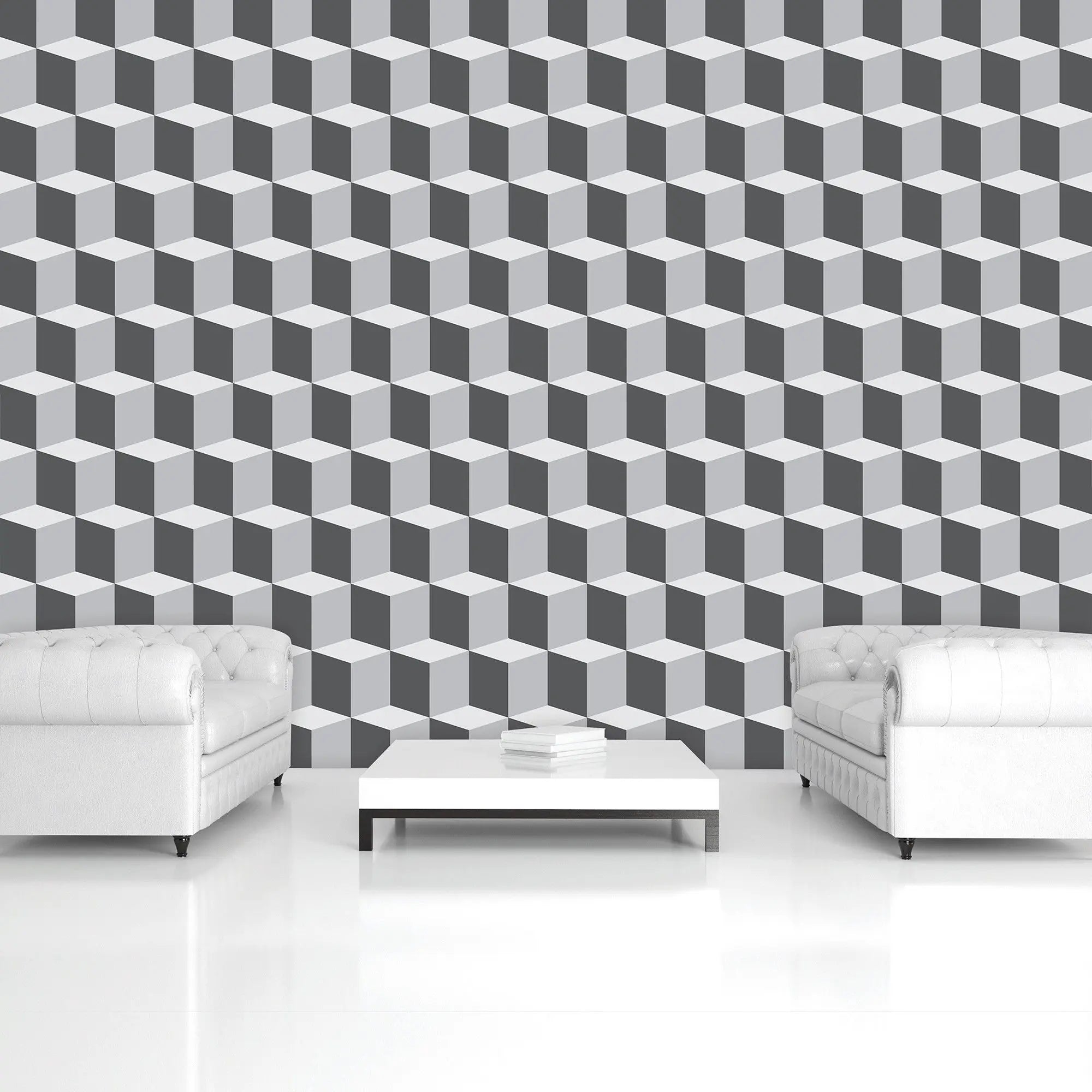 Billede 6 af Fototapet - Grå og hvidt tredimensionelt terningemønster