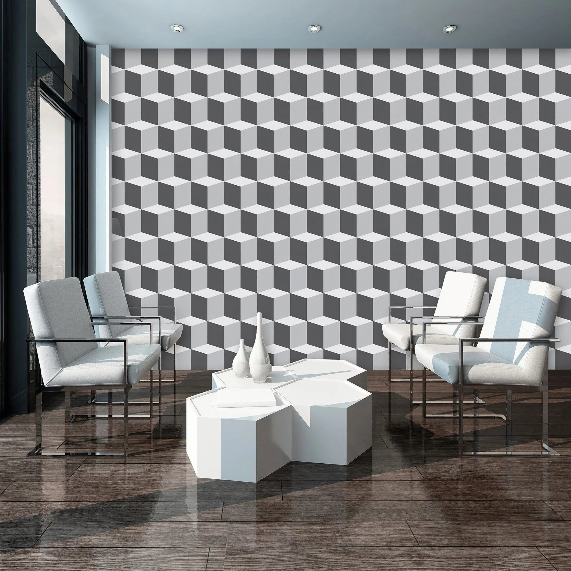 Billede 9 af Fototapet - Grå og hvidt tredimensionelt terningemønster