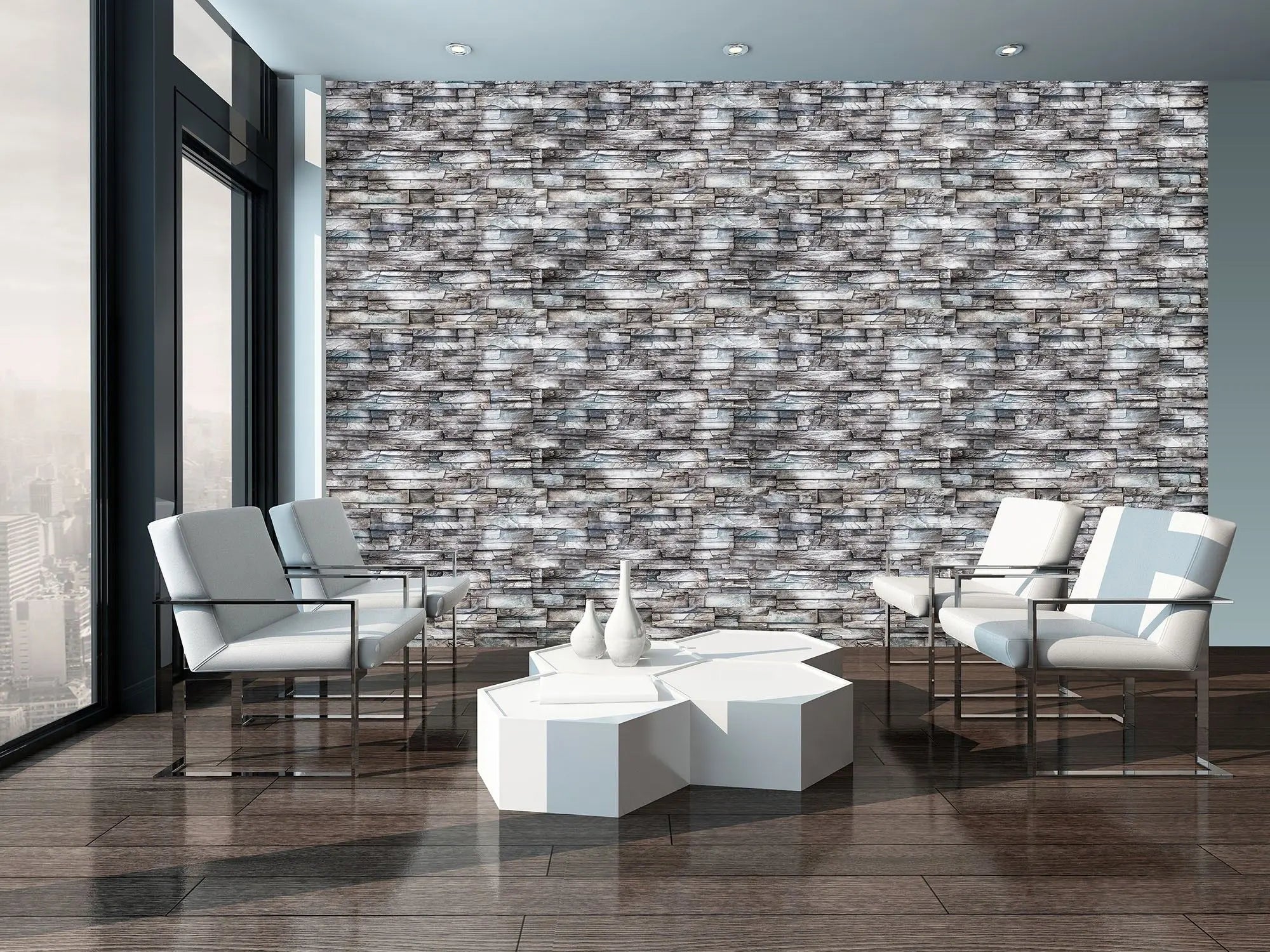 Billede 2 af Fototapet - Grå stenvæg med mønstret struktur