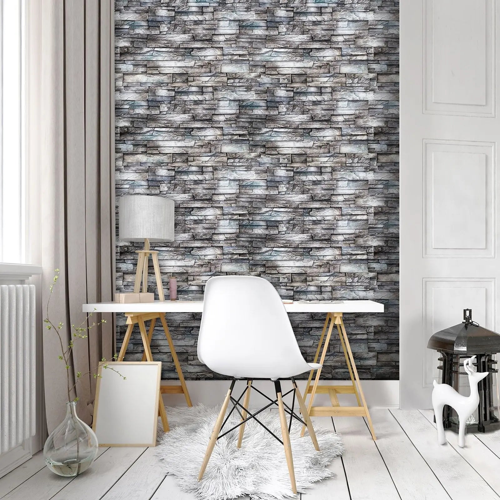 Billede 9 af Fototapet - Grå stenvæg med mønstret struktur