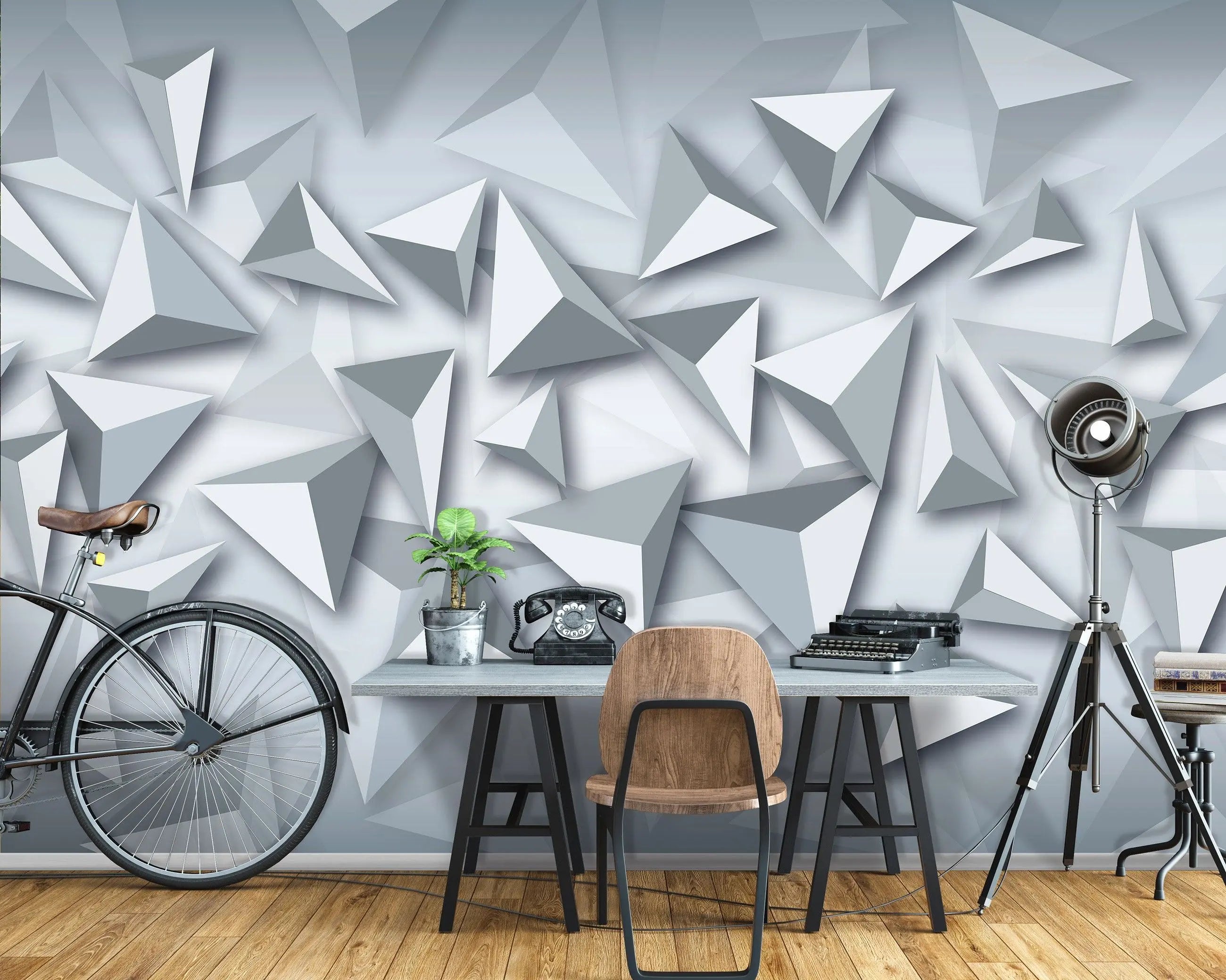 Billede 12 af Fototapet - Grå tredimensionale trekantede former på lys baggrund