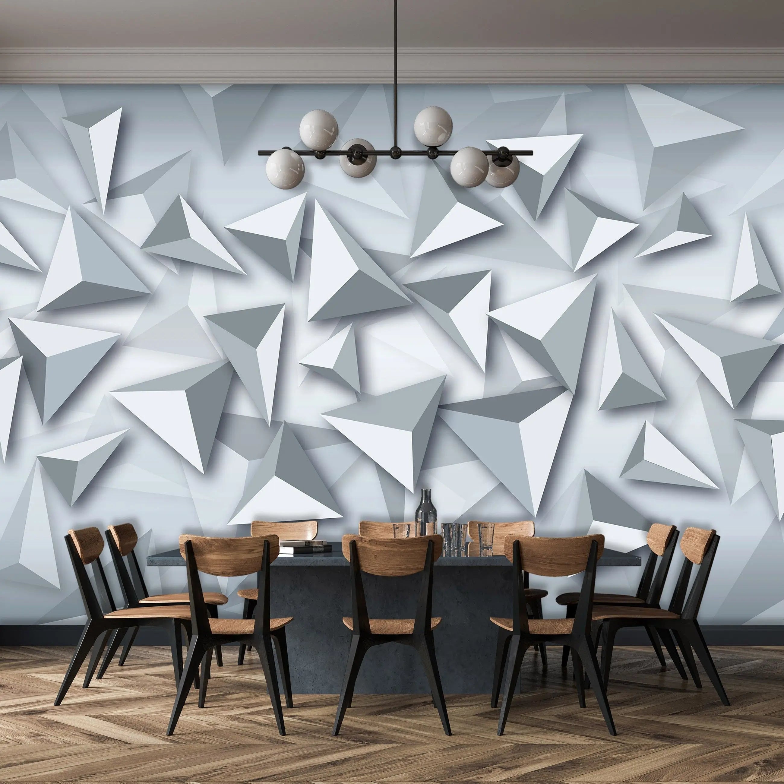 Billede 14 af Fototapet - Grå tredimensionale trekantede former på lys baggrund