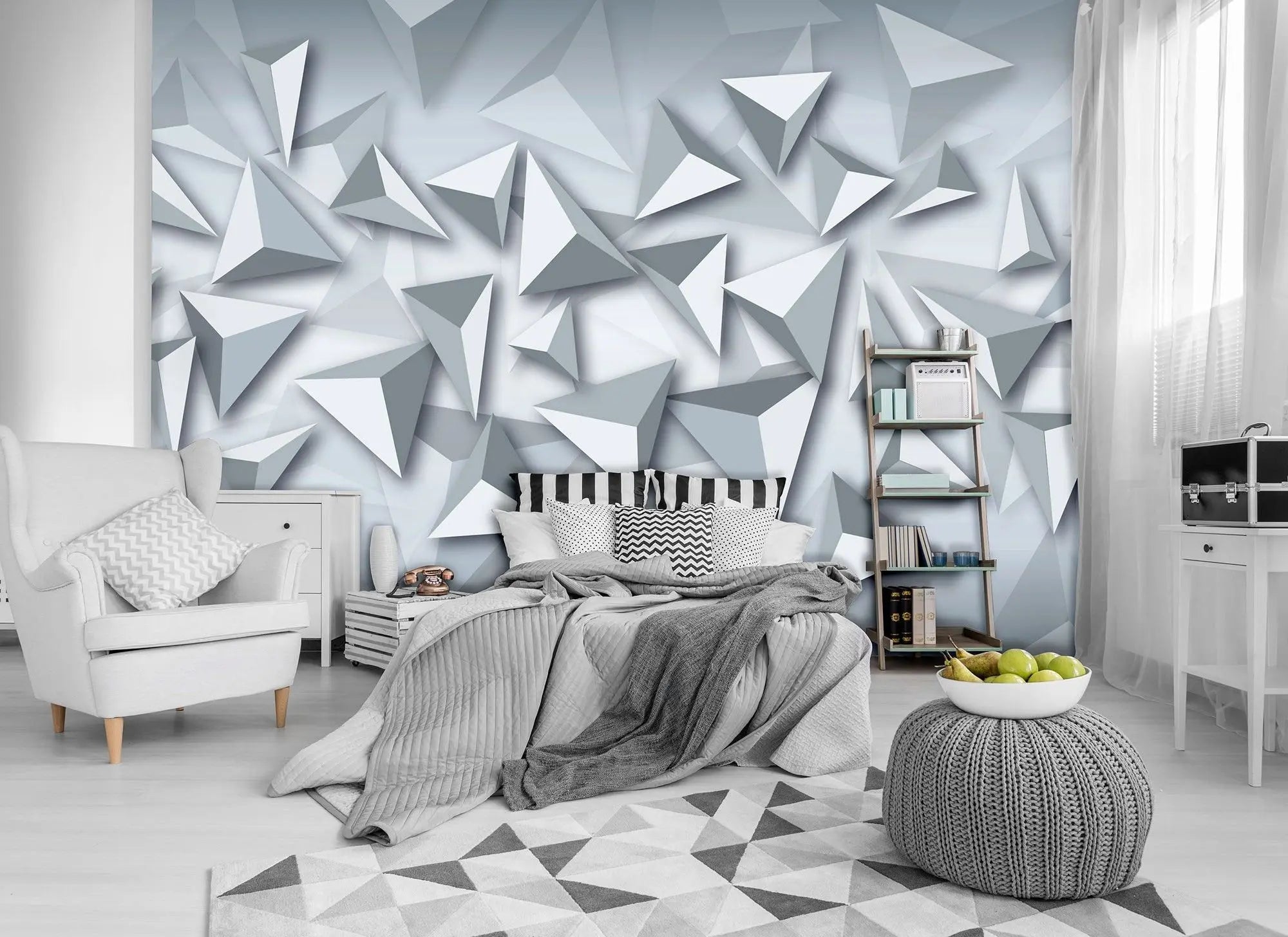 Billede 3 af Fototapet - Grå tredimensionale trekantede former på lys baggrund