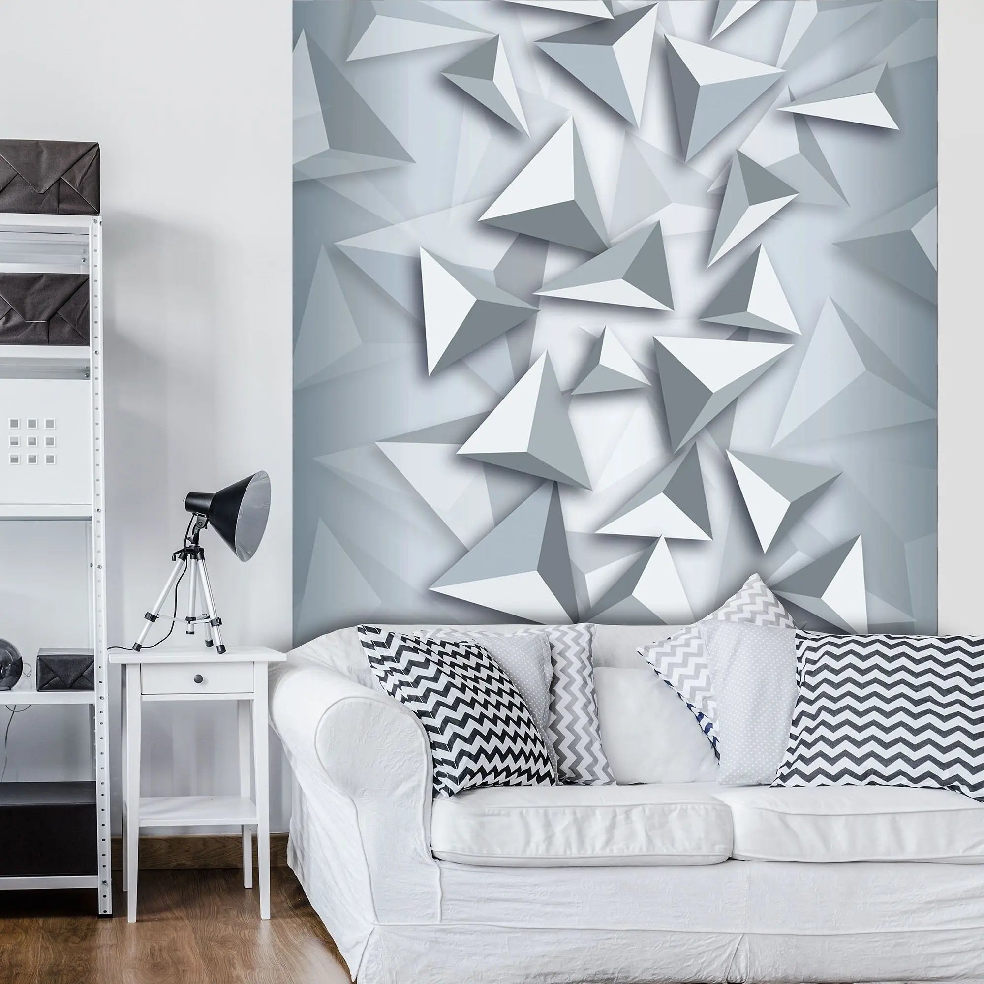 Billede 6 af Fototapet - Grå tredimensionale trekantede former på lys baggrund
