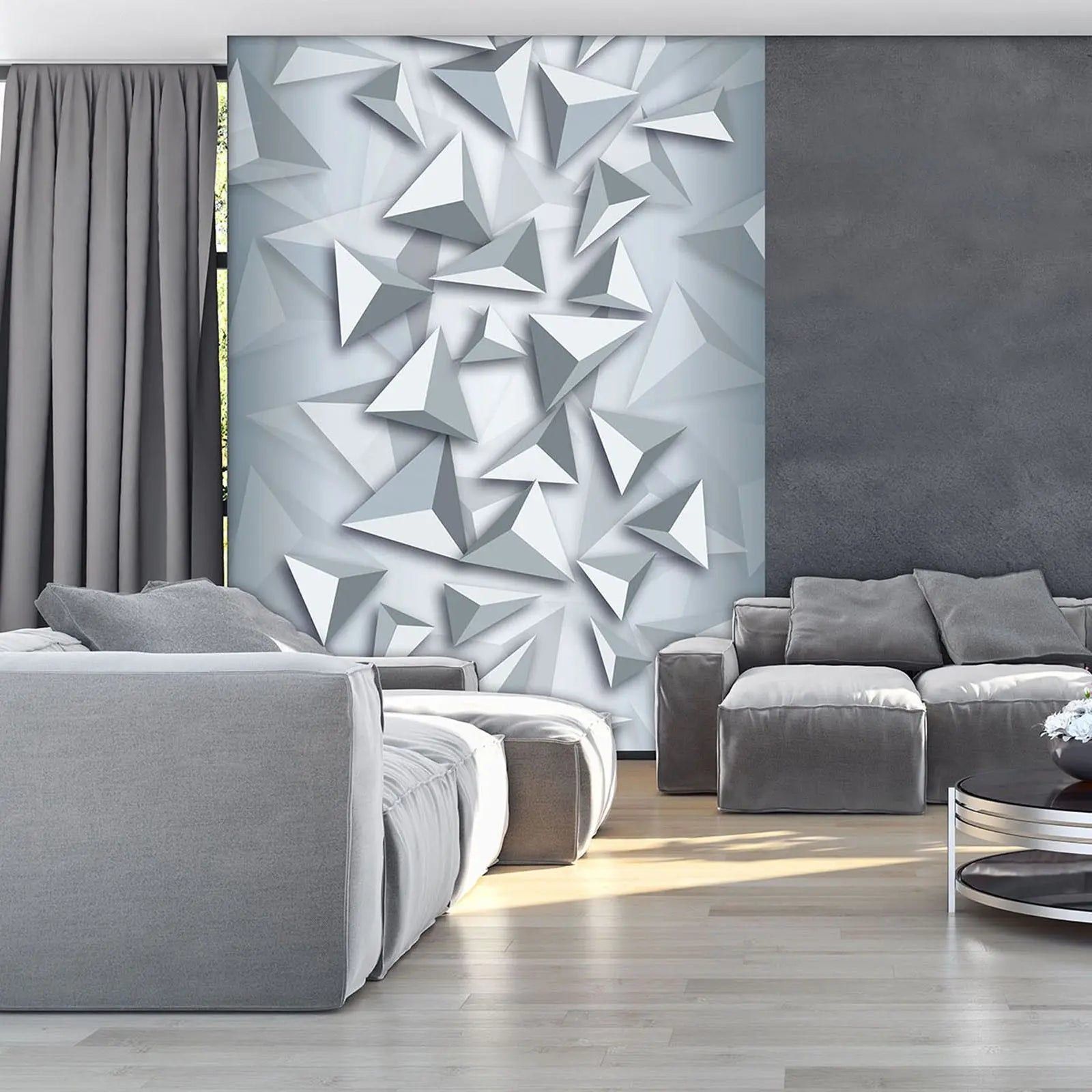 Billede 7 af Fototapet - Grå tredimensionale trekantede former på lys baggrund
