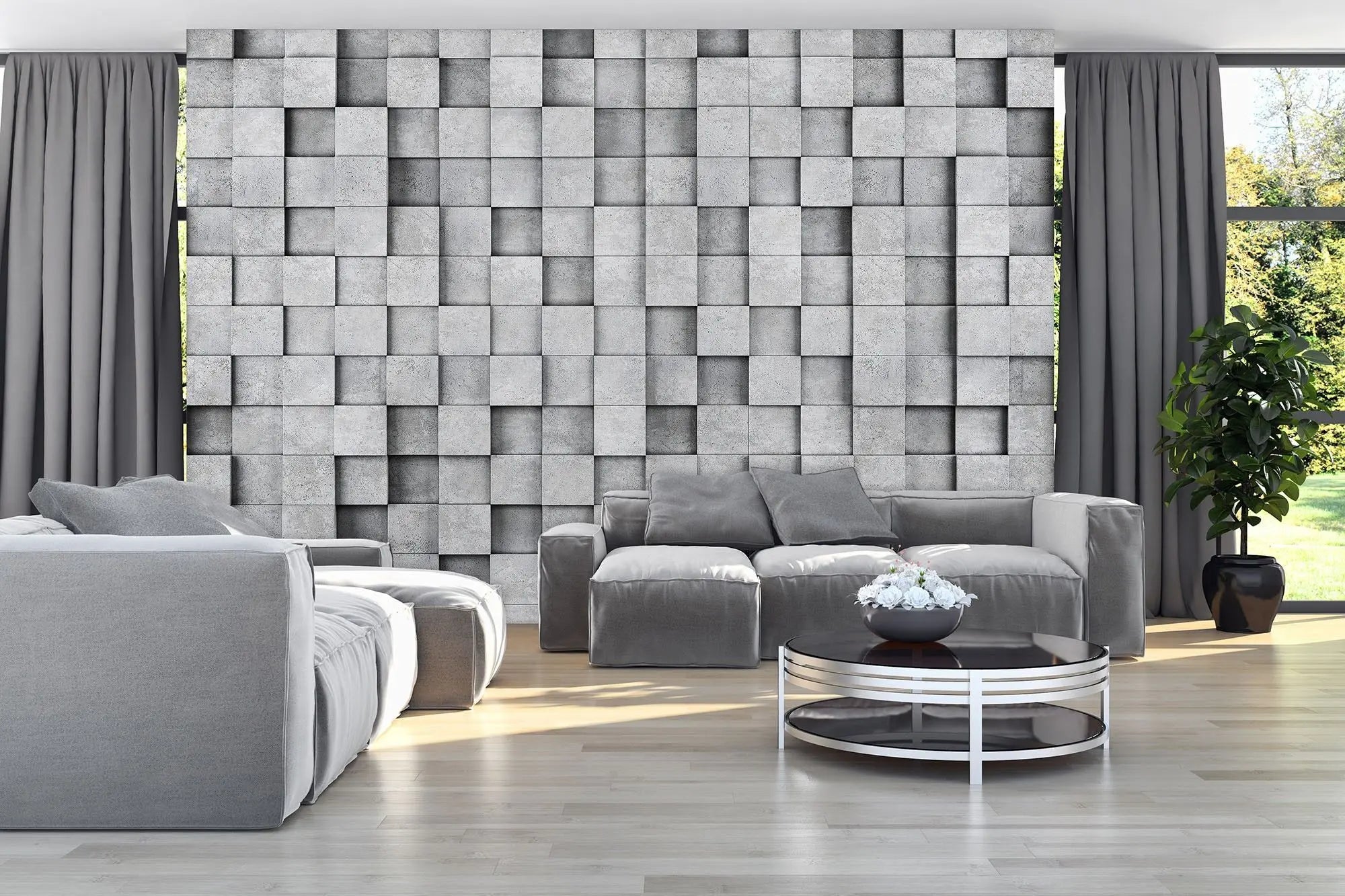 Billede 2 af Fototapet - Grå tredimensionel firkantet vægstruktur
