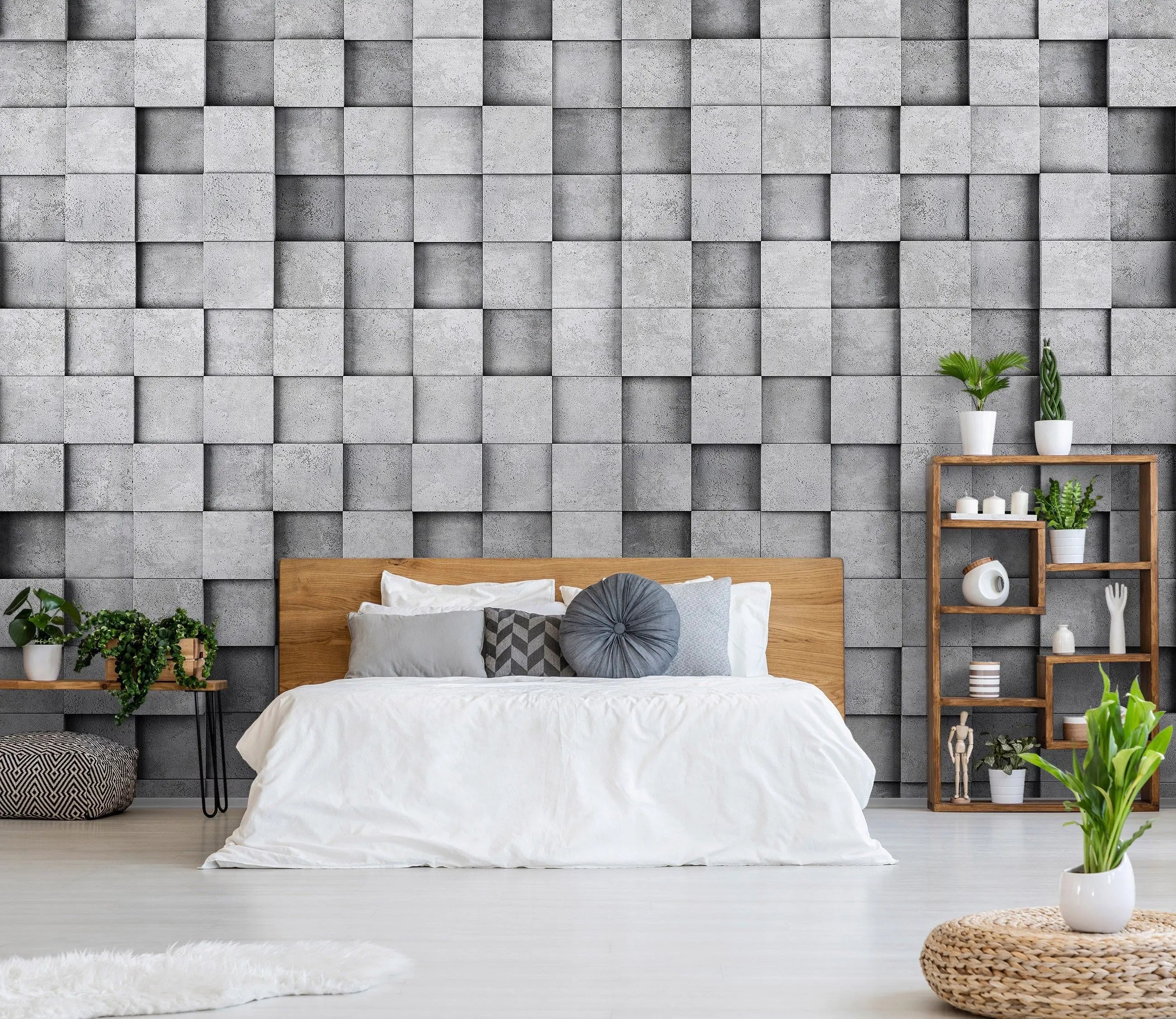 Billede 5 af Fototapet - Grå tredimensionel firkantet vægstruktur