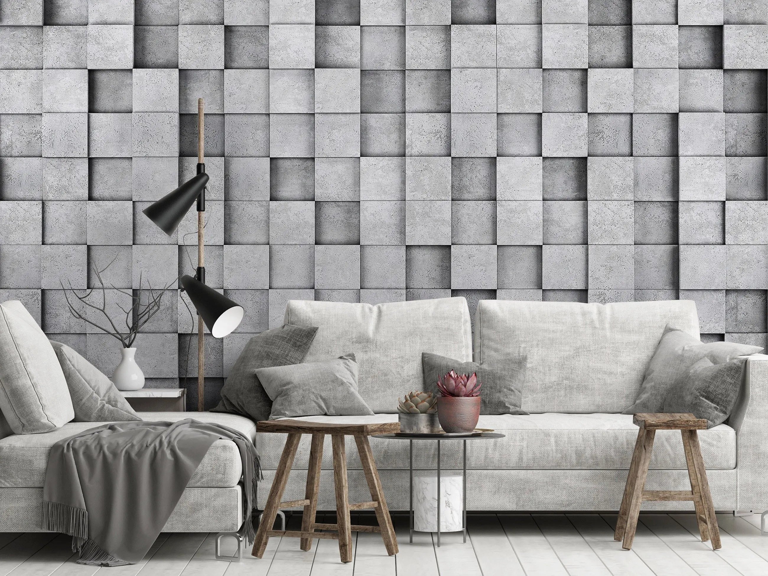 Billede 6 af Fototapet - Grå tredimensionel firkantet vægstruktur