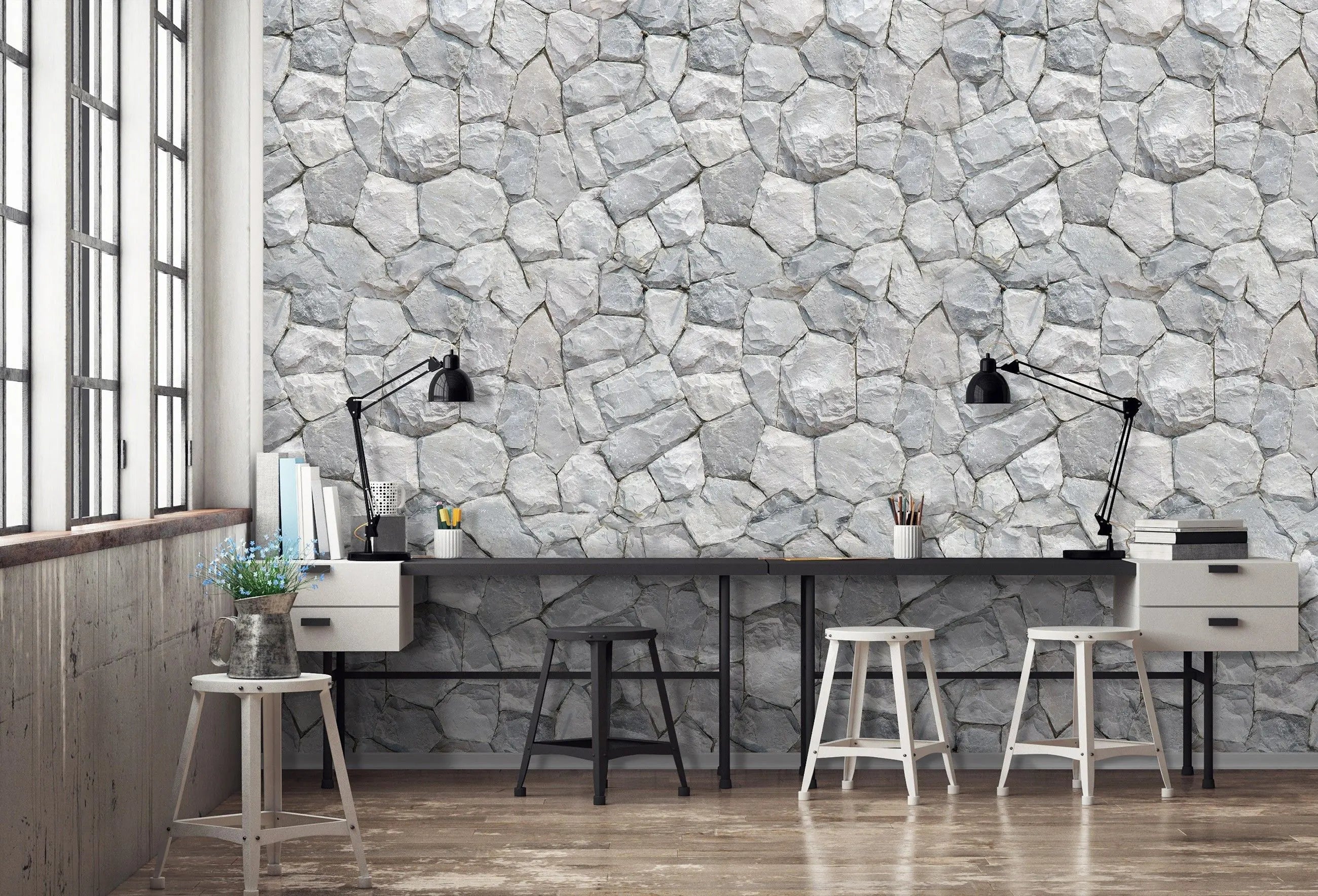 Billede 5 af Fototapet - Grå uregelmæssig stenvæg