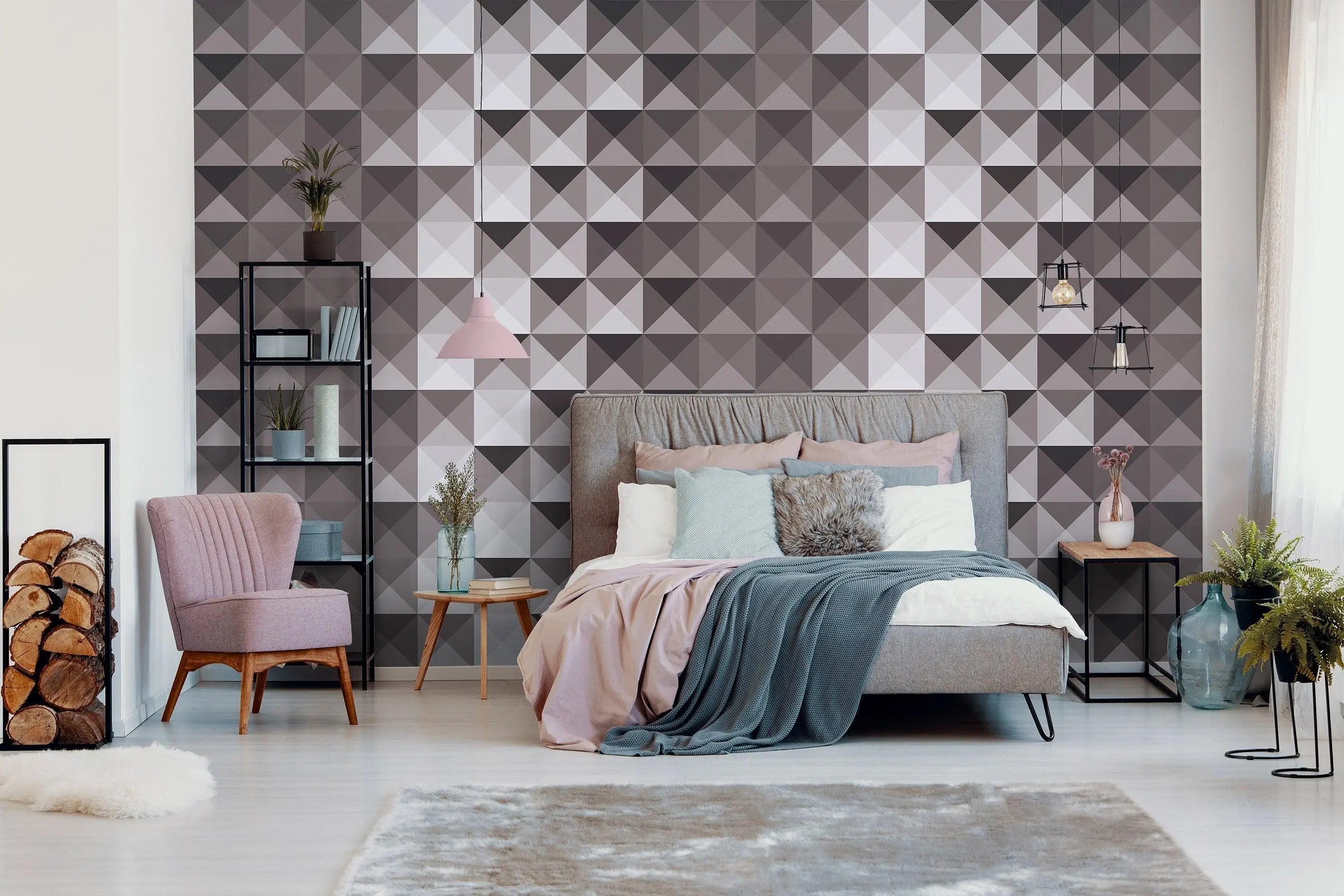 Billede 11 af Fototapet - Gråt geometrisk mønster af kvadratiske trekanter