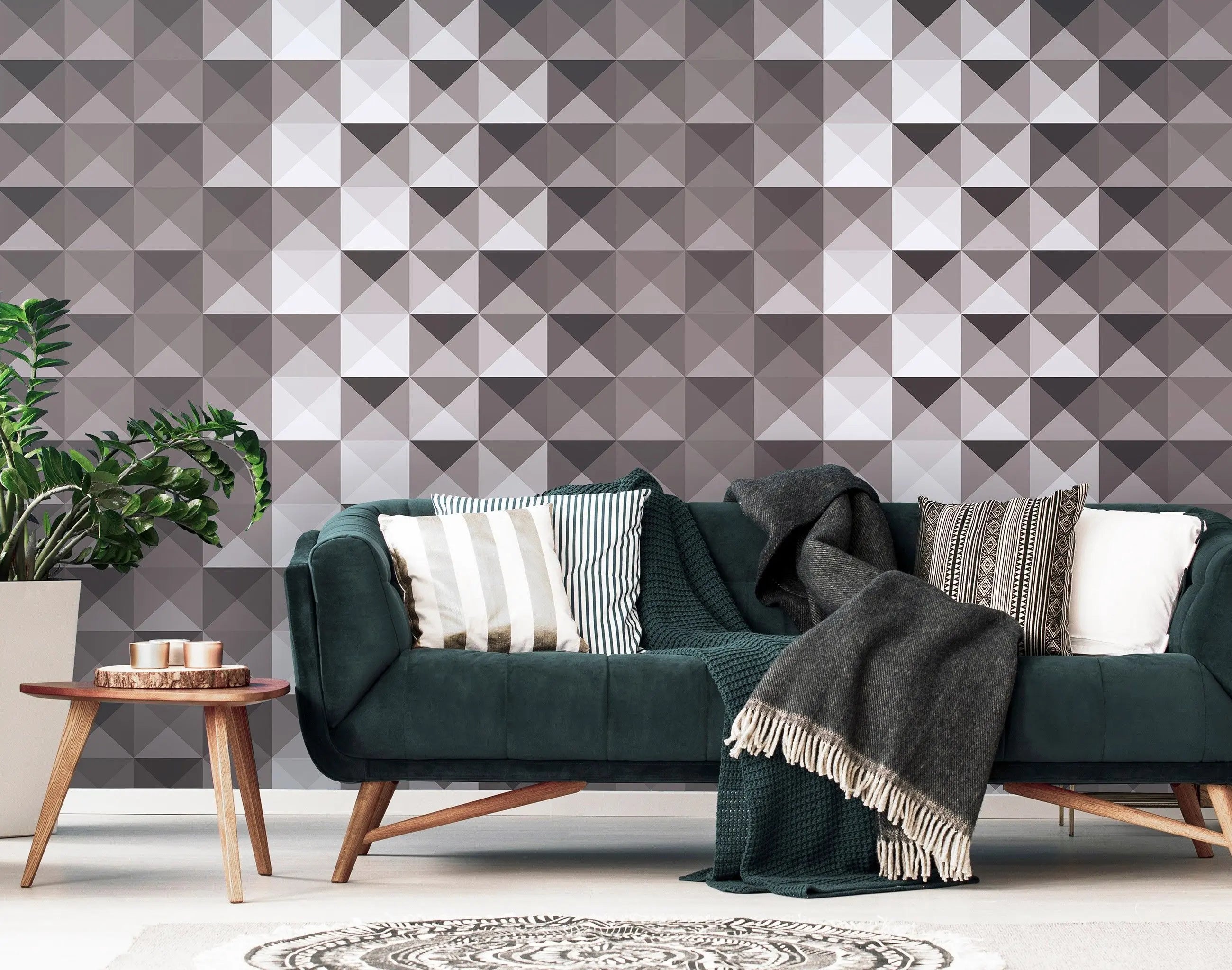 Billede 12 af Fototapet - Gråt geometrisk mønster af kvadratiske trekanter