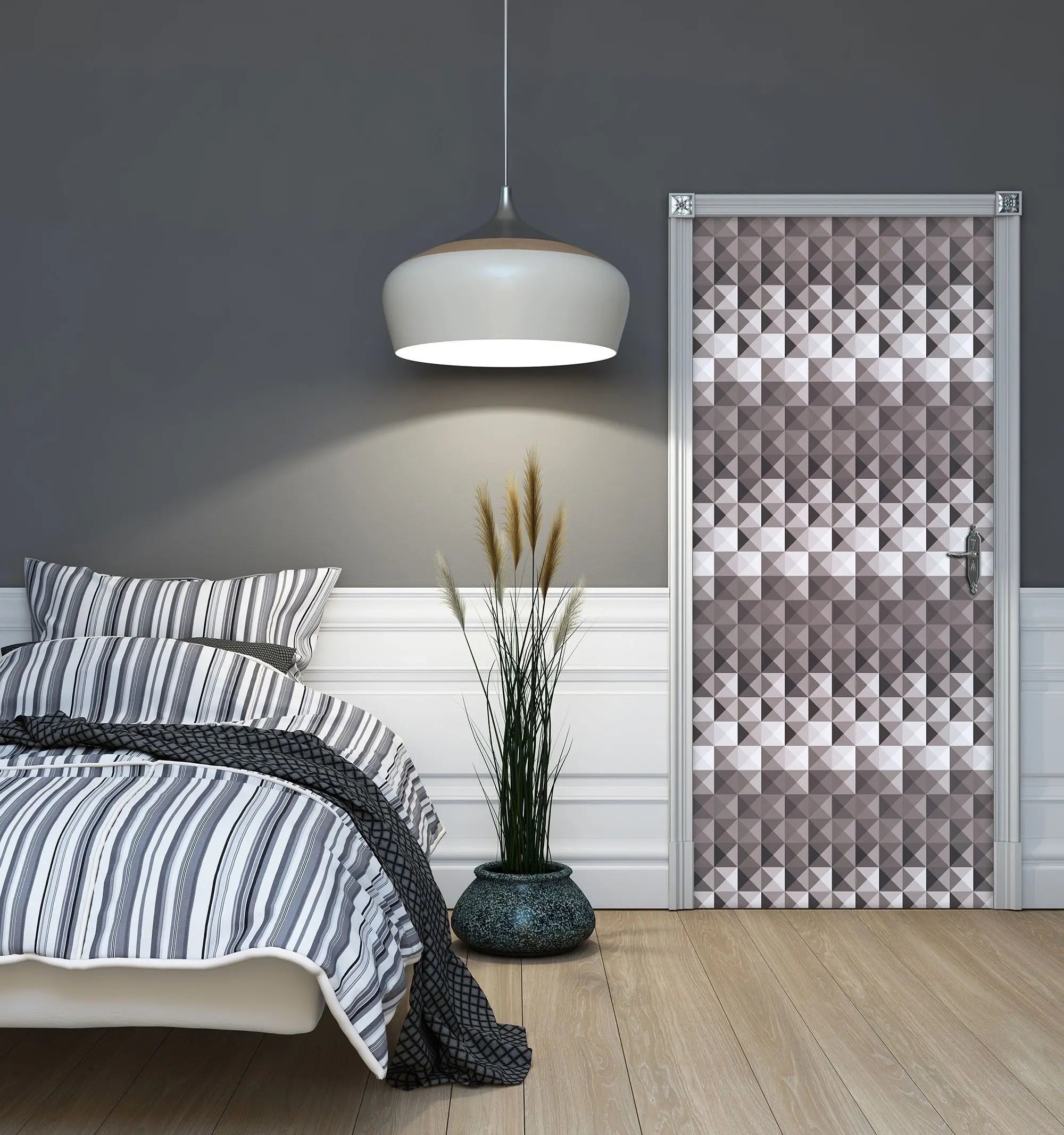 Billede 3 af Fototapet - Gråt geometrisk mønster af kvadratiske trekanter