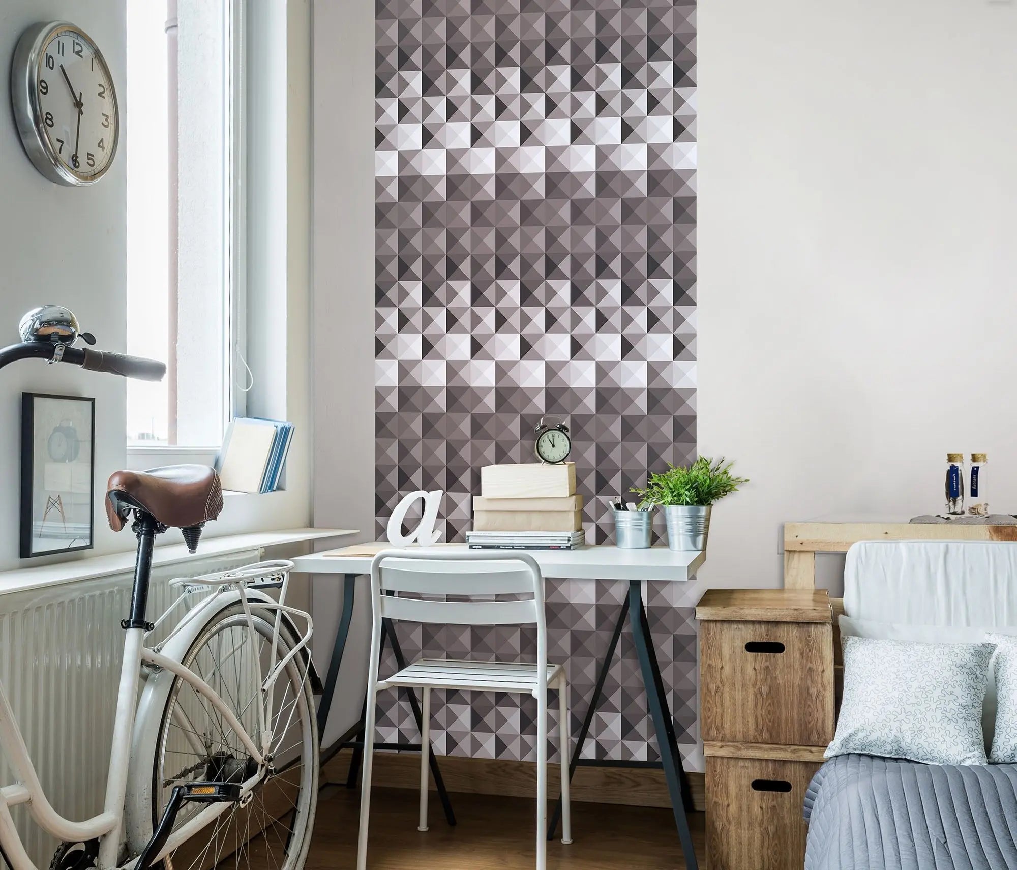 Billede 4 af Fototapet - Gråt geometrisk mønster af kvadratiske trekanter