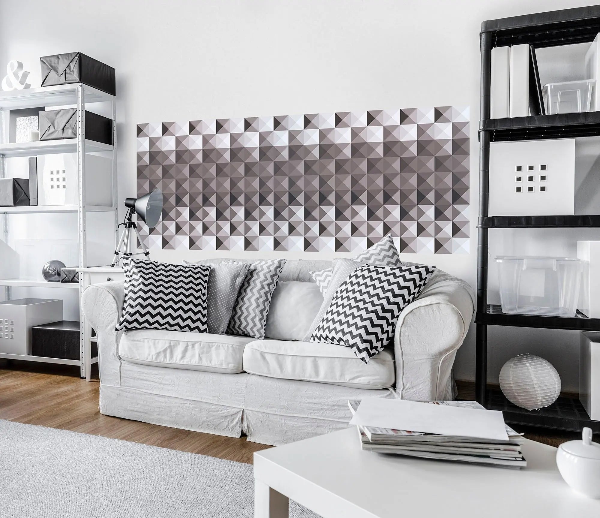 Billede 5 af Fototapet - Gråt geometrisk mønster af kvadratiske trekanter