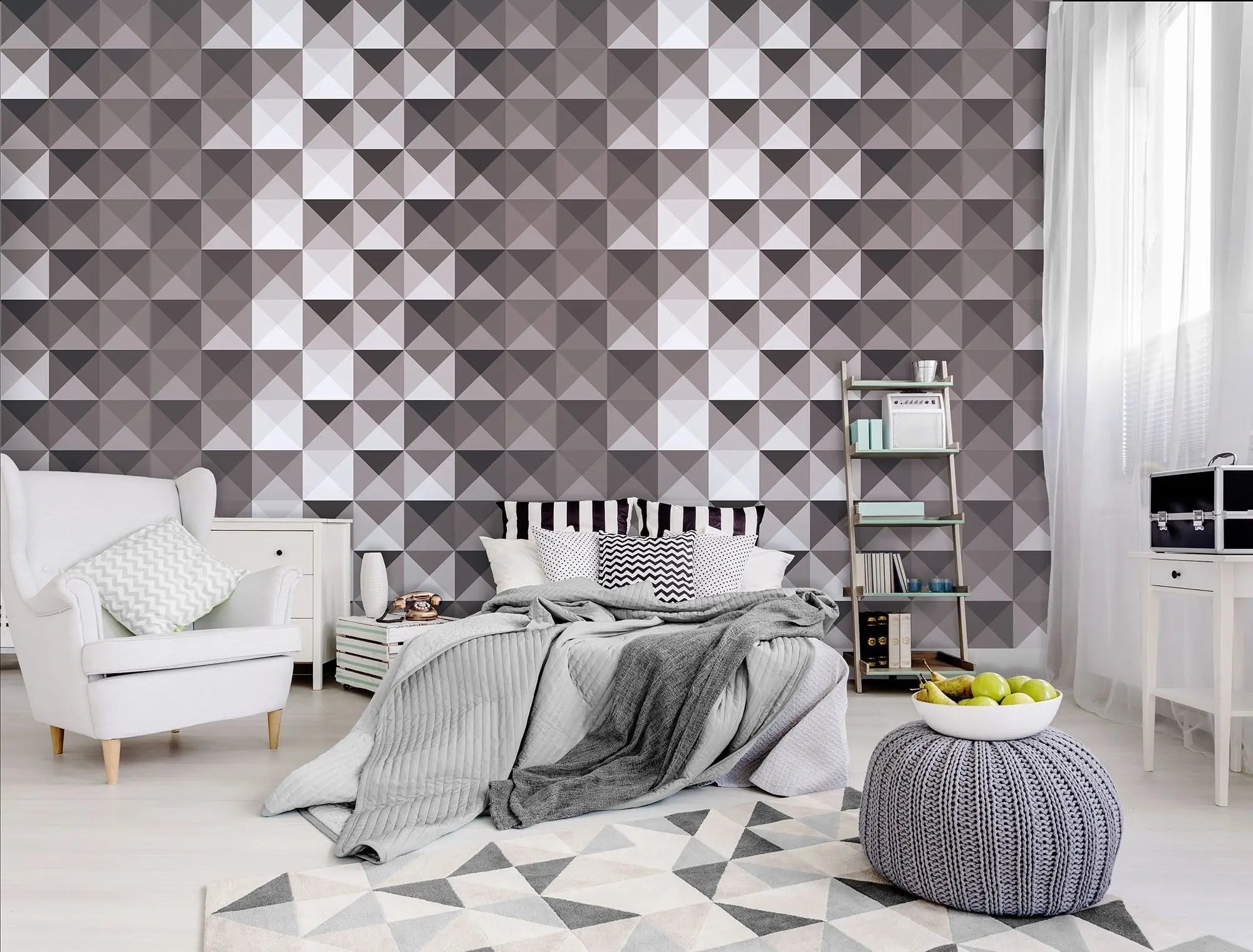 Billede 6 af Fototapet - Gråt geometrisk mønster af kvadratiske trekanter